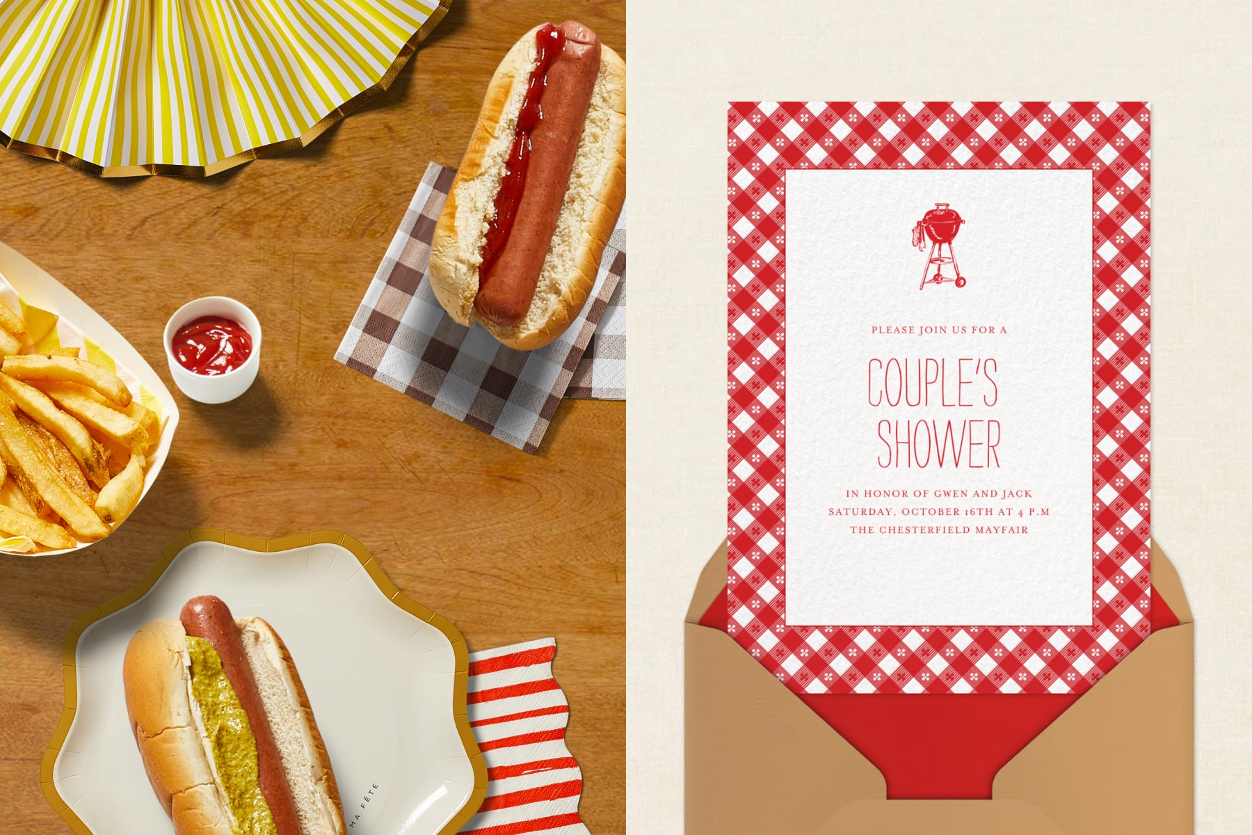 A table set with hot dogs, fries, ketchup, and striped and plaid napkins; A couple’s shower invitation with a red gingham border and an image of a barbecue grill. 