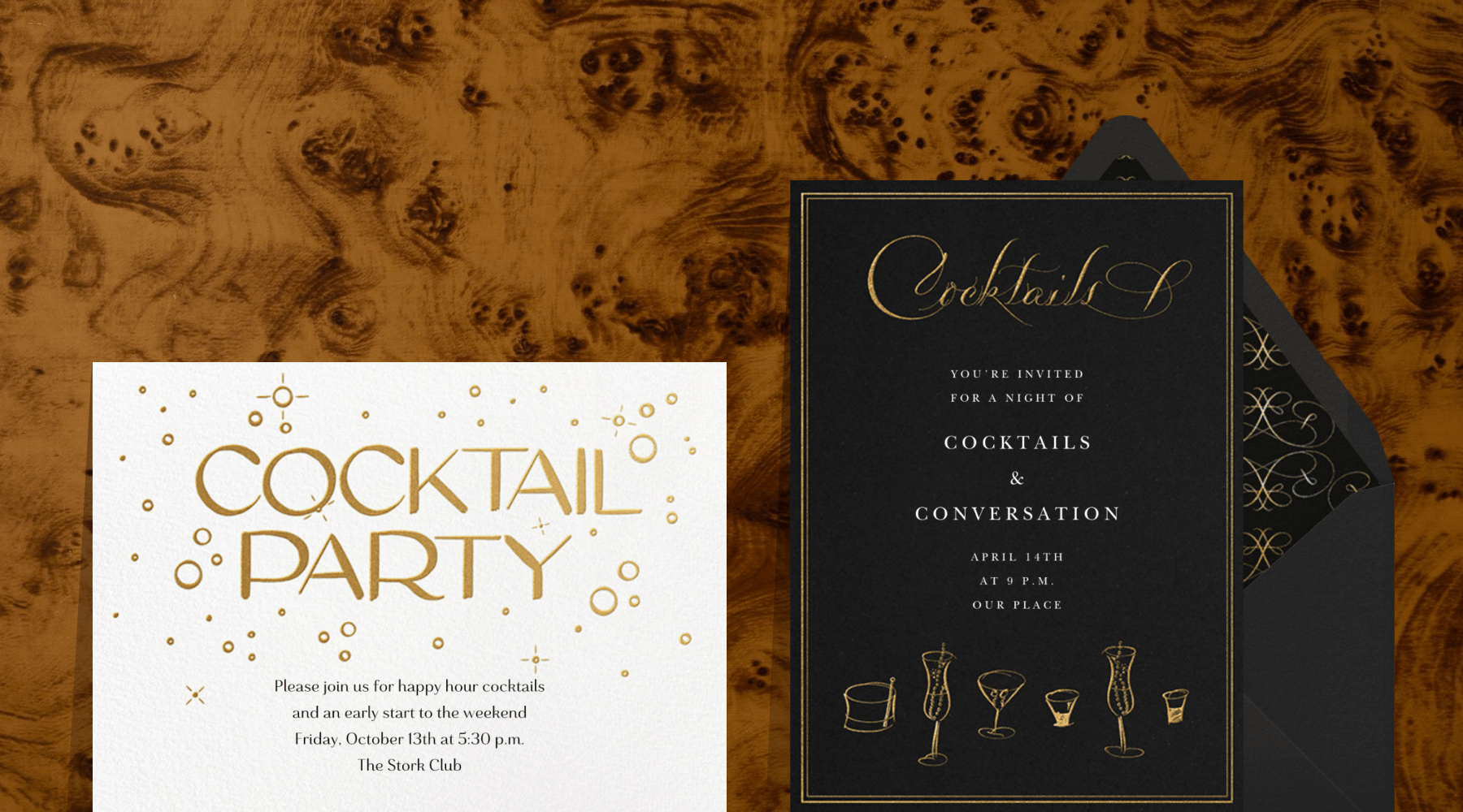 A white invitation reads COCKTAIL PARTY in large gold letters surrounded by bubbles; a black invitation reads COCKTAILS in fine gold script with delicate gold stemware at the bottom and a gold border all on a burl wood backdrop.