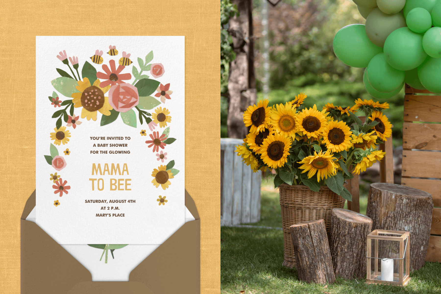 A baby shower invitation with flowers and bees; A bouquet of sunflowers surrounded by green balloons and tree stumps.