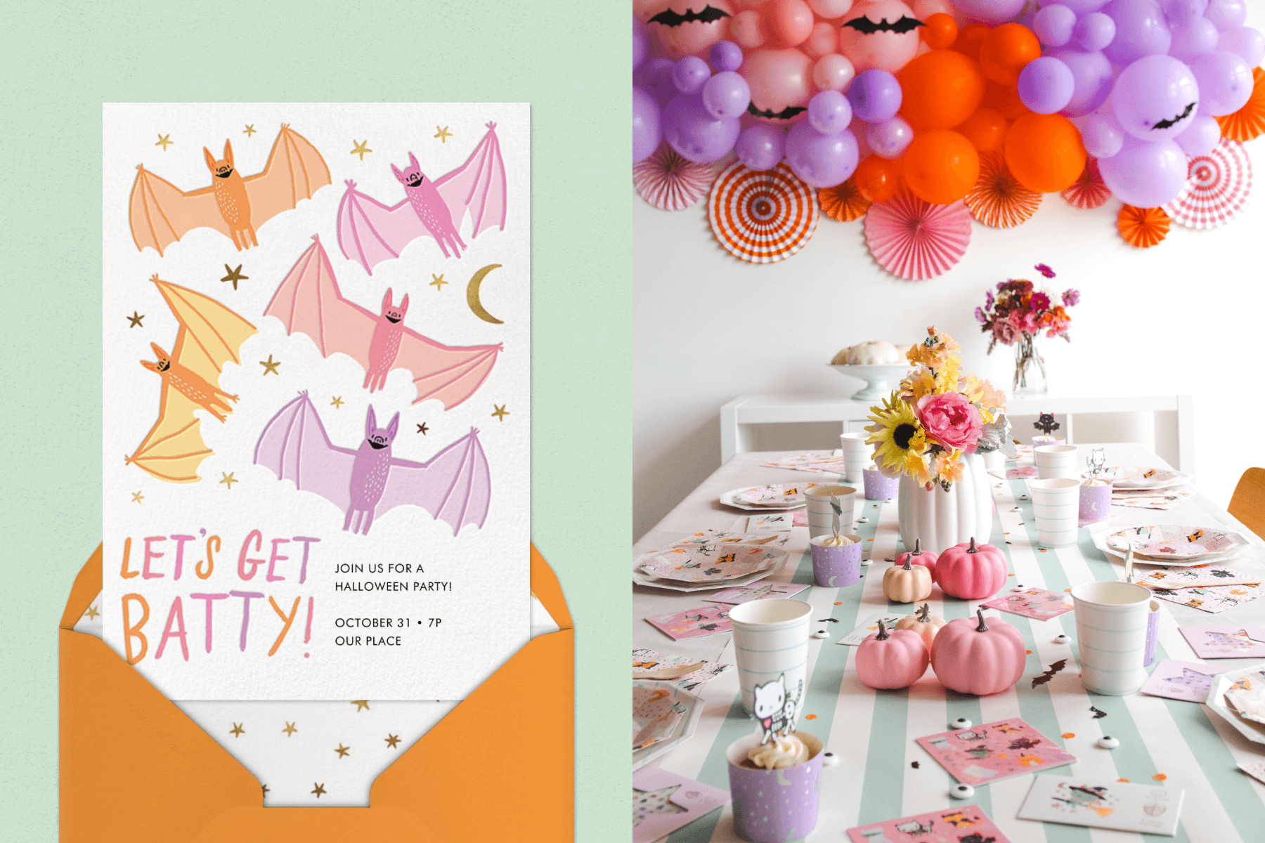 A Halloween invitation with colorful bats; A table set with pink pumpkins and flowers, and an orange and purple balloon wall. 