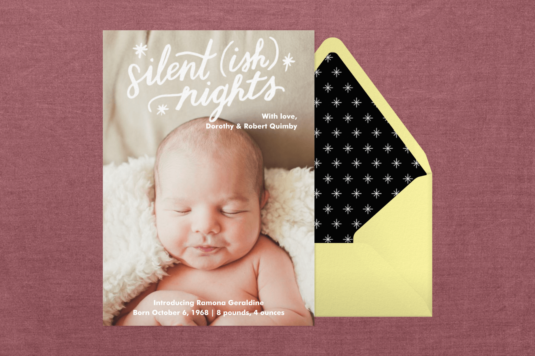 A card featuring a photo of a newborn baby with white cursive lettering reading ‘SILENT(ISH) NIGHTS’. 