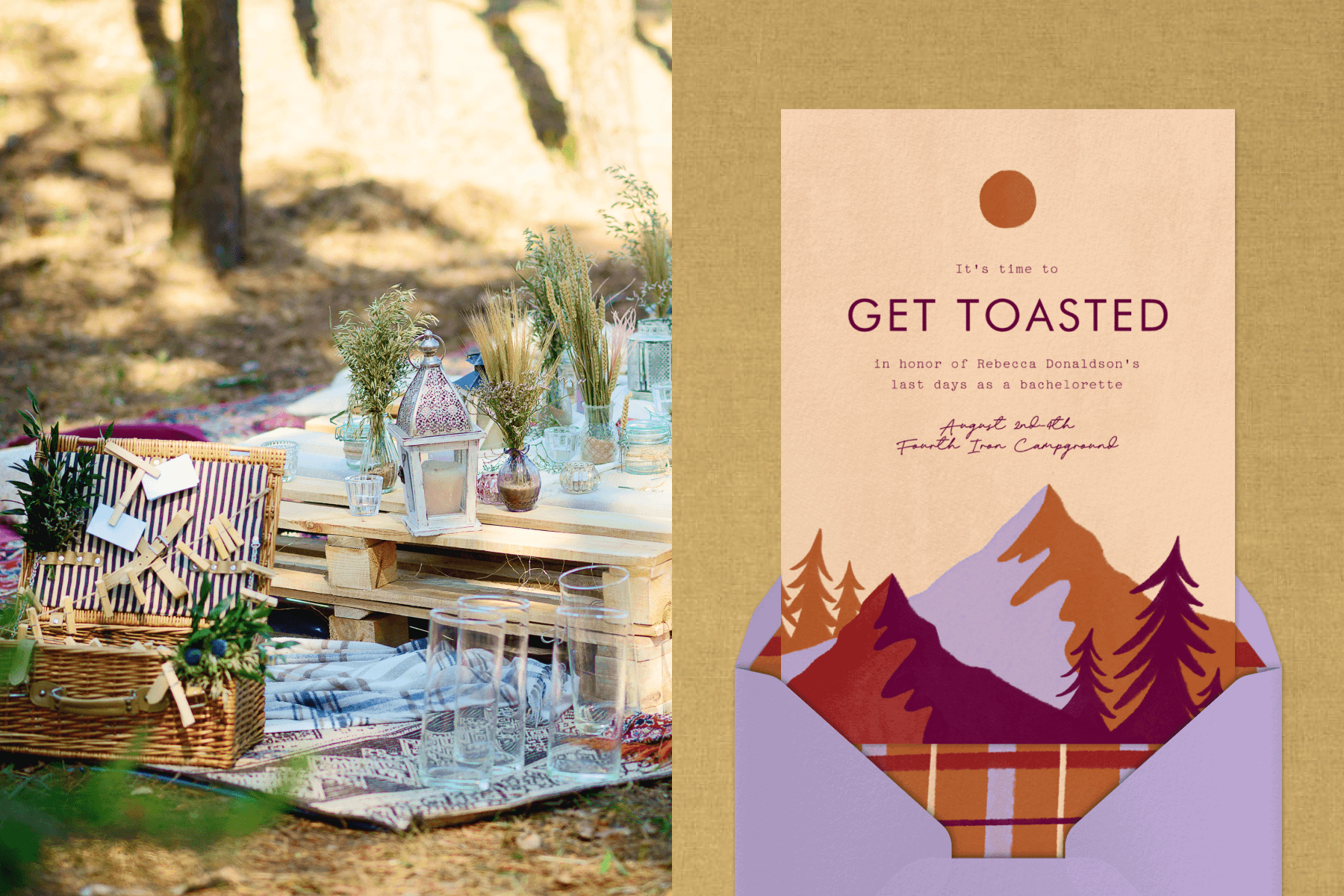 A picnic table, blankets, picnic basket, and glass vases; A mountain-themed bachelorette invitation reads ‘GET TOASTED’.