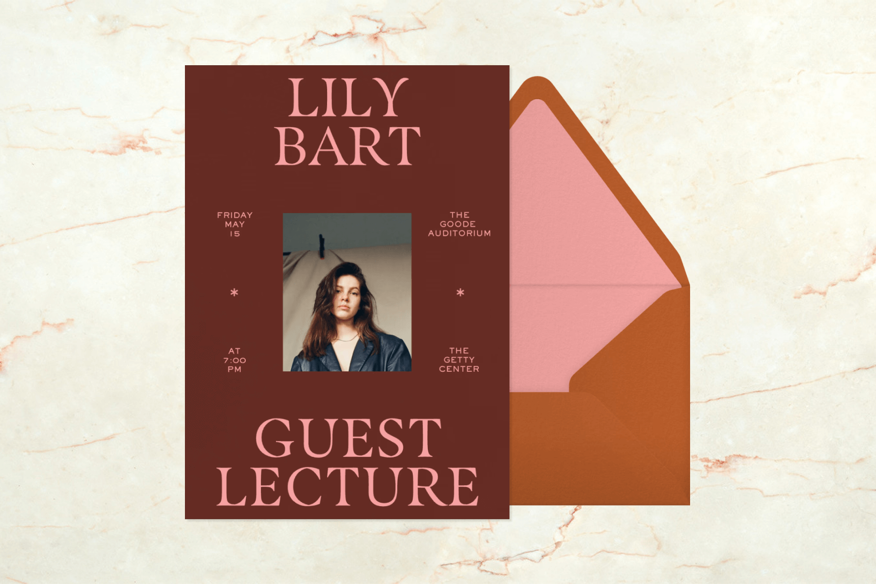 A maroon invitation for a guest lecture with the name and photo of the lecturer. 