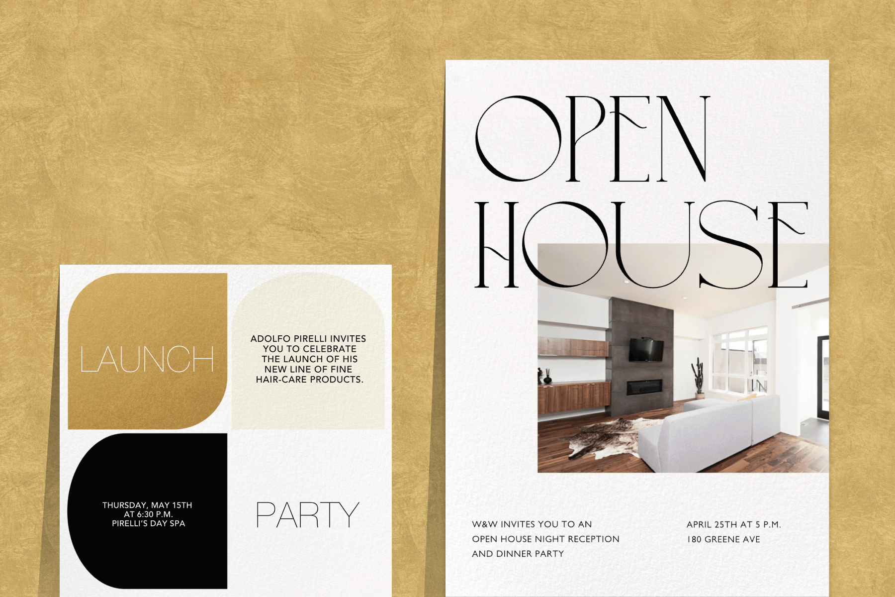 A launch party invitation with text in gold, black, and white shapes; An open house invitation with a picture of a living room interior. 