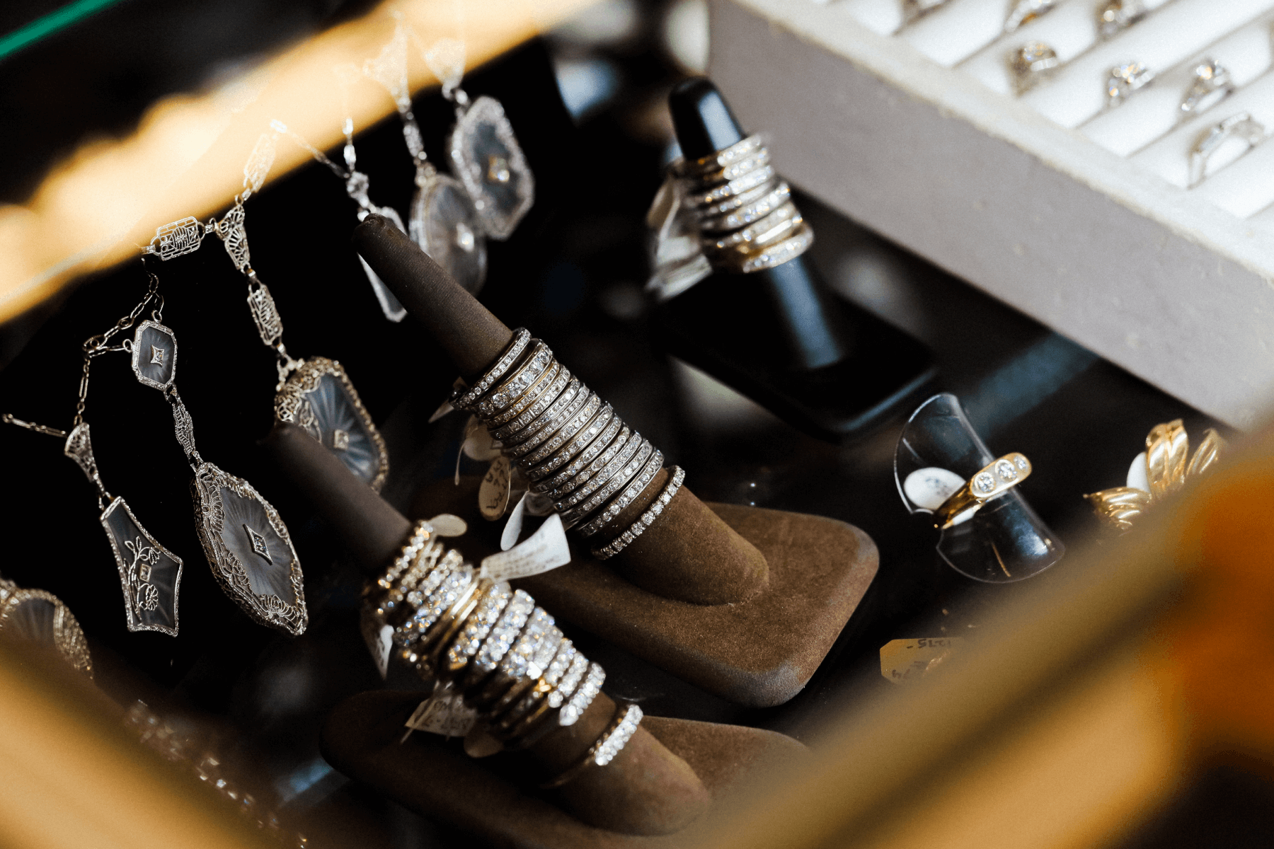 A display of rings and necklaces.