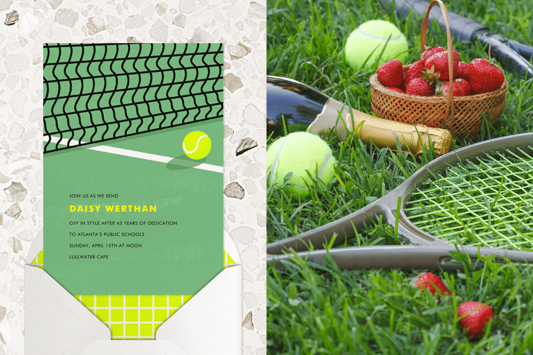 Tennis rackets, tennis balls, a bottle of Champagne, and a basket of strawberries sitting in the grass.