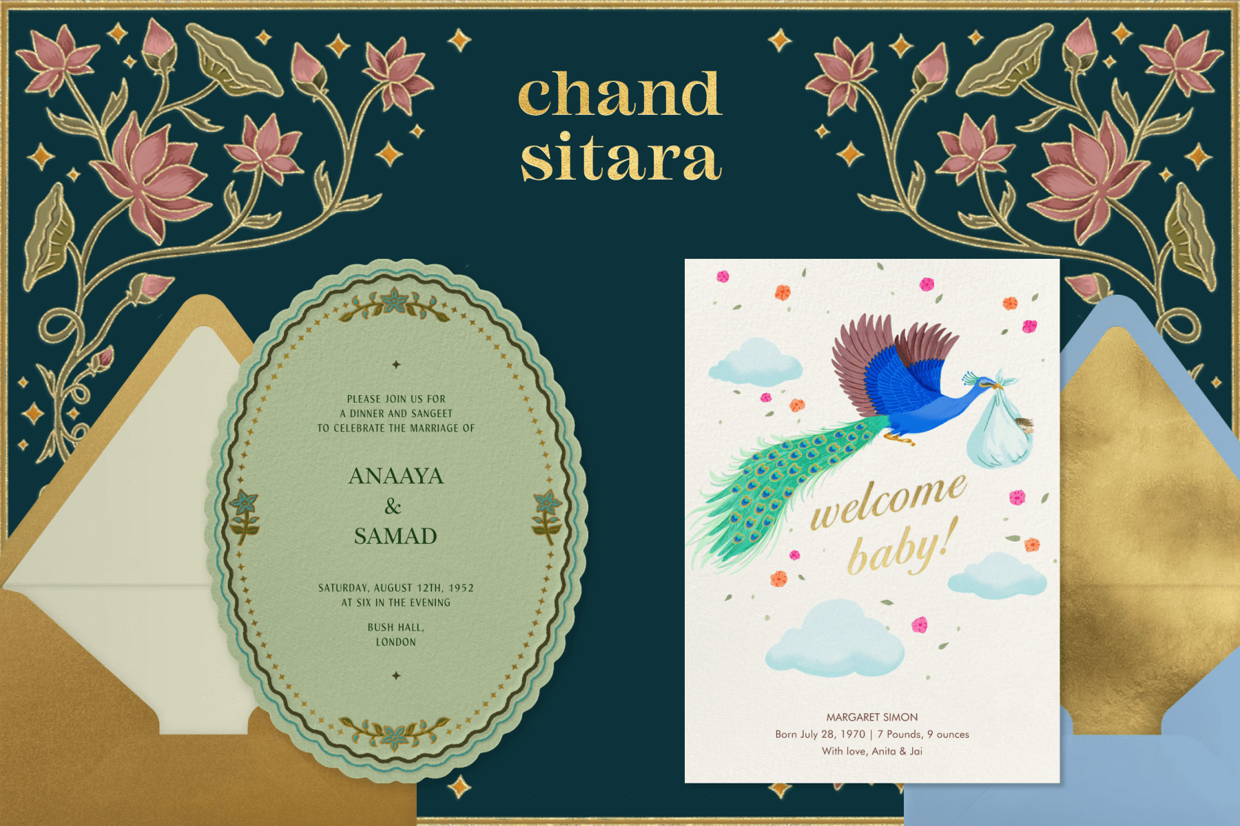 The logo for “Chand Sitara” above two invitations over a background with pink flowers: A green oval-shaped wedding invitation with scalloped edges; A baby shower invitation with an illustration of a peacock carrying a baby through the clouds. 