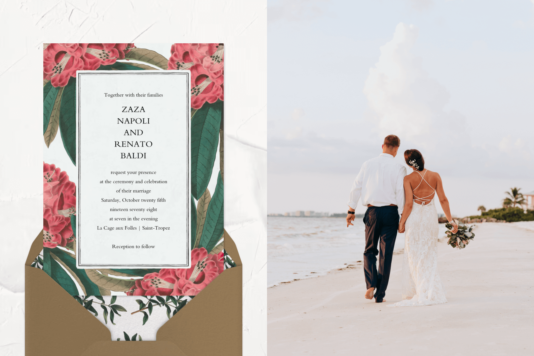 A wedding invitation with red azaleas and green leaves; A bride and groom walking together on a beach. 