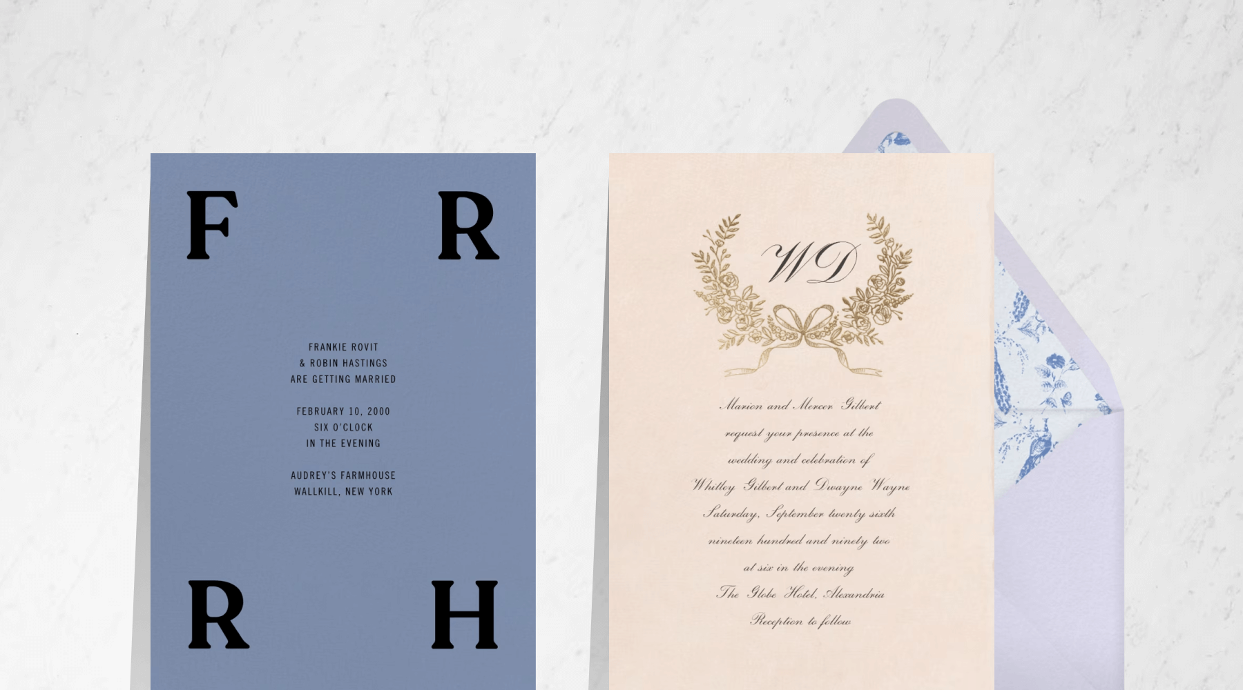 A purple wedding invitation featuring the couples’ initials in the four corners of the card; A wedding invitation featuring a monogram, gold floral wreath, and cursive text.