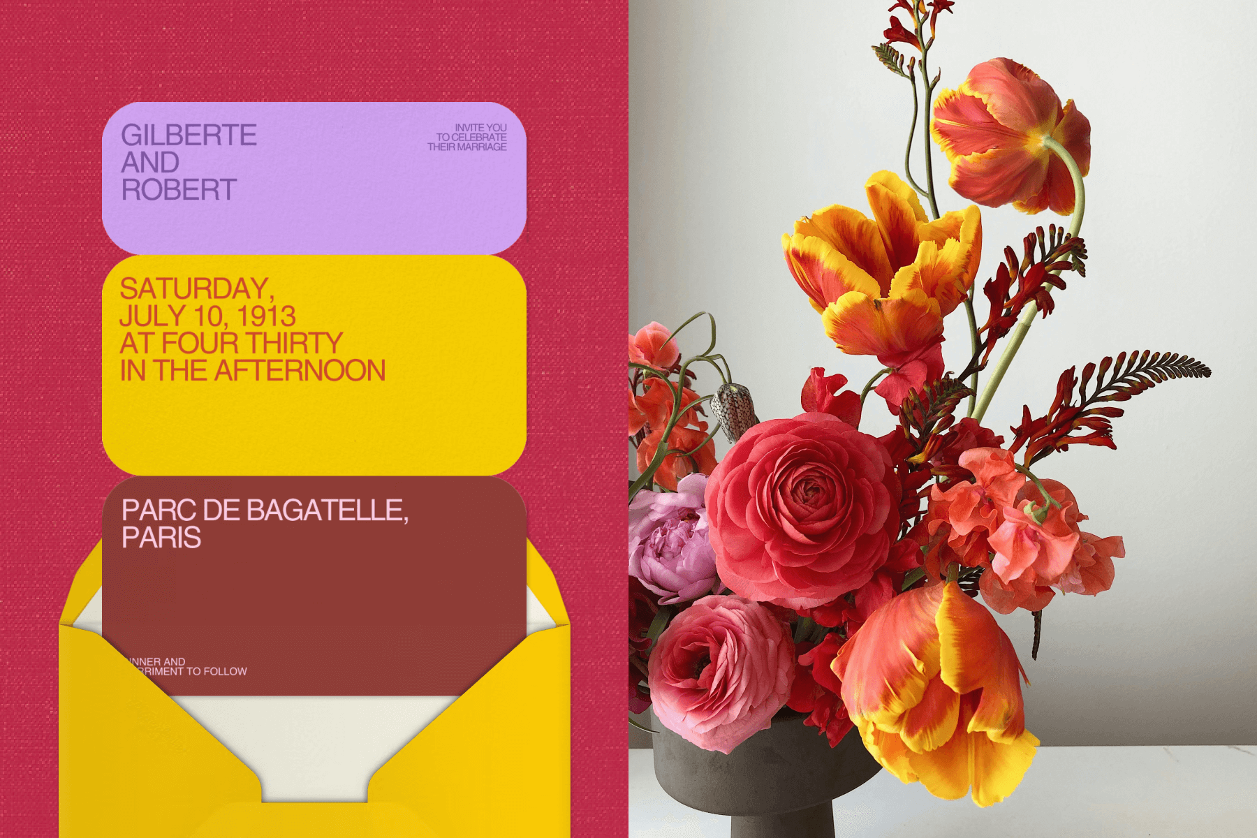 A three-paneled purple, yellow, and brown wedding invitation; A vase of red, orange, and pink flowers.