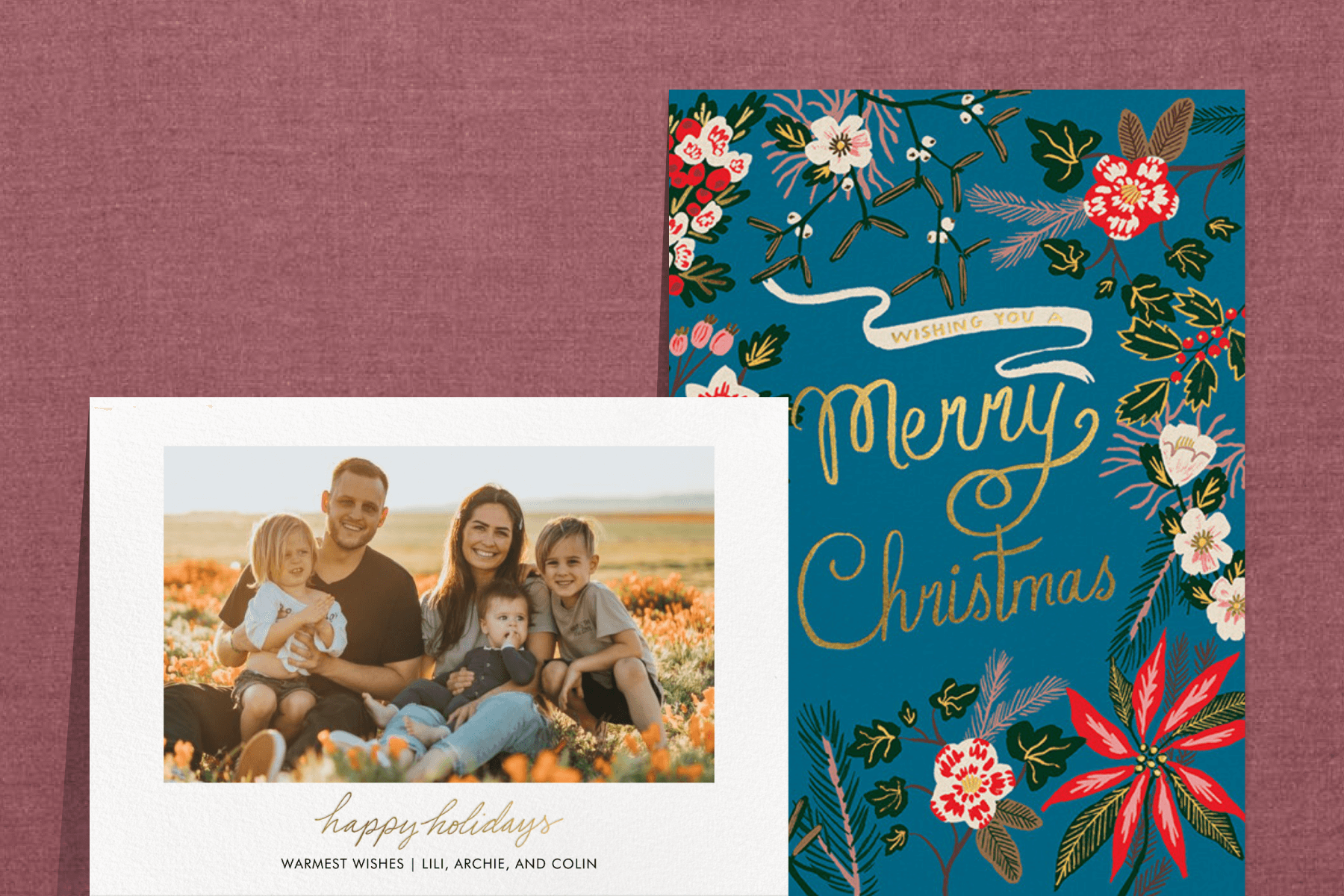 A holiday card featuring a family photo; A Christmas card with a blue background and colorful flowers. 