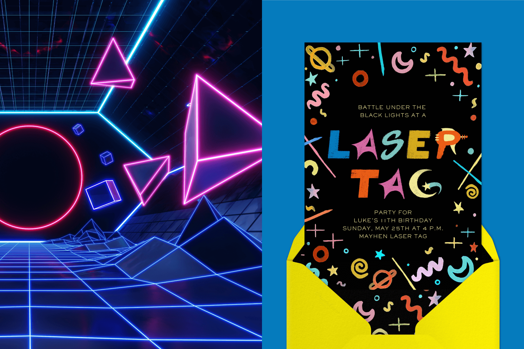 Left: A laser tag course with pink and blue lights. Right: A black laser tag invitation with colorful intergalactic squiggles along the border.