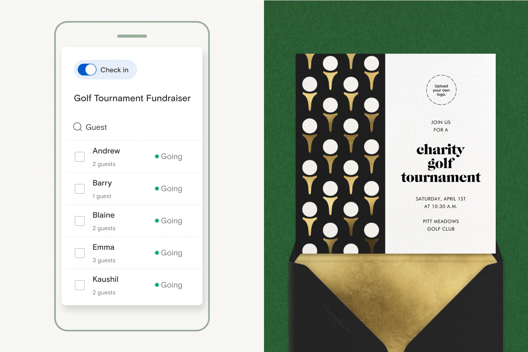 Paperless Post’s Guest Check-In feature as displayed on an iPhone; a square invitation with a pattern on the left of white balls on gold golf tees and a matching envelope.