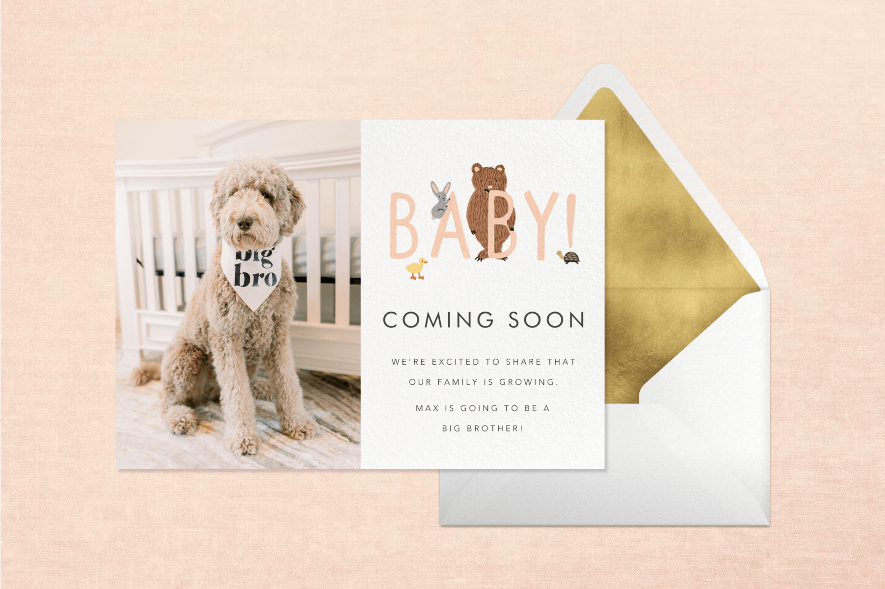 A pregnancy announcement card with illustrations of animals and a photo of a dog wearing a bandana that reads ‘BIG BRO’ in front of a peach backdrop. 