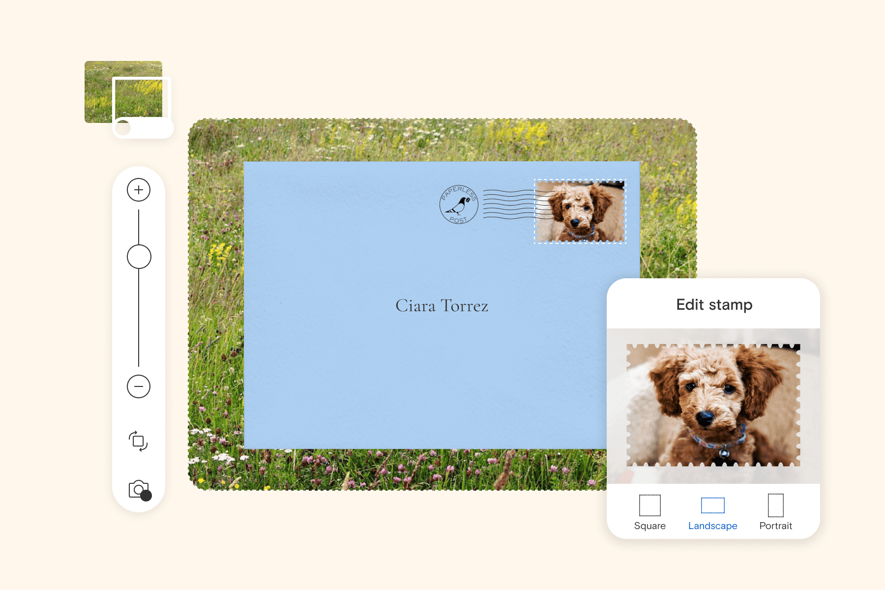 An envelope with a custom stamp featuring a photo of a dog.