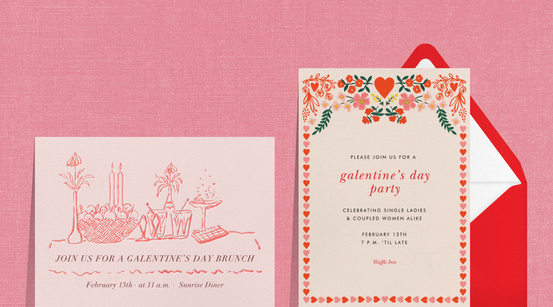 A Galentine’s Day invitation with pink illustrations of drinks, candles, and flowers; A Galentine’s Day invitation with a border of hearts. 