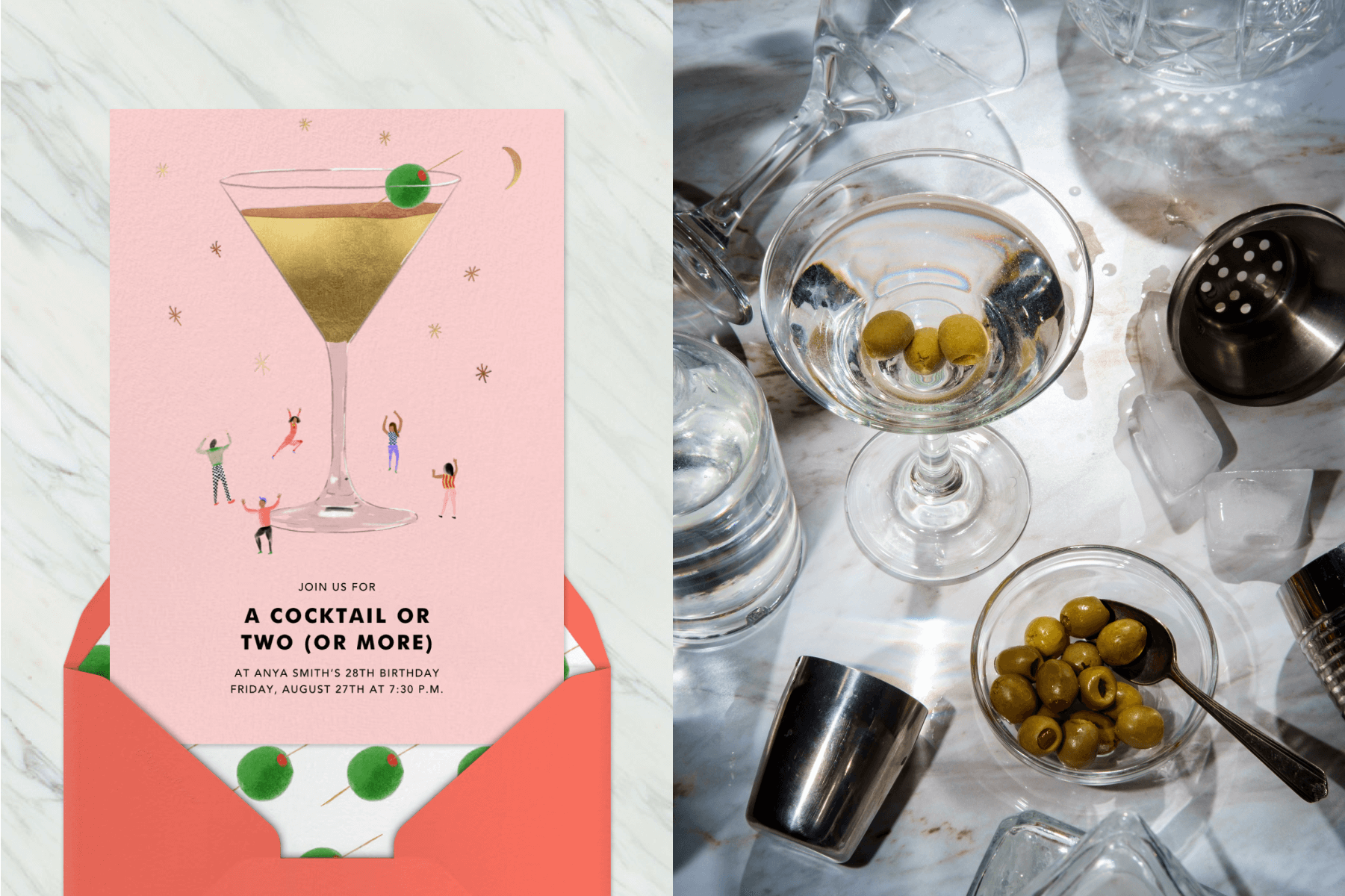 A pink cocktail party invitation with a large illustration of a martini and small people around it; A marble table topped with a martini, a shot glass, and a cup of olives.