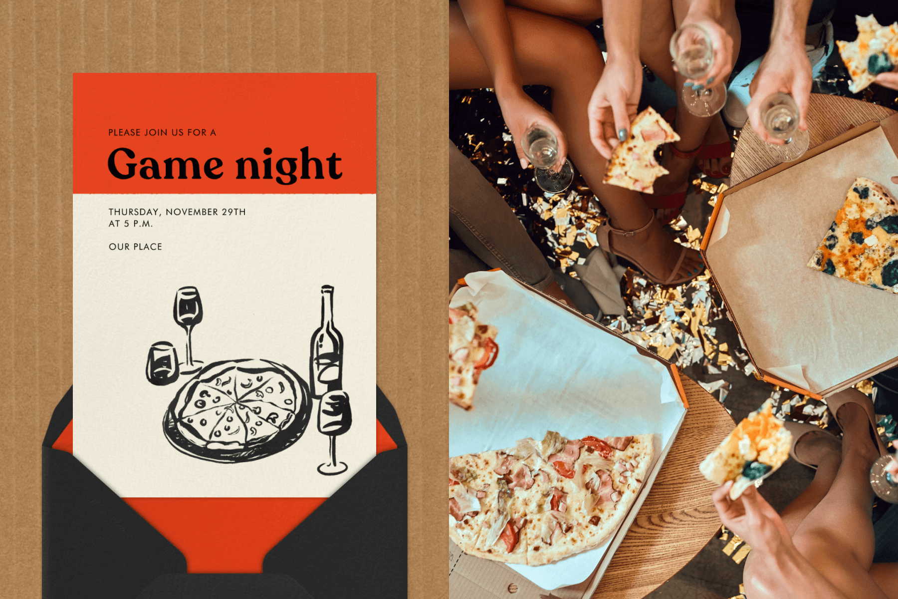 A black, white, and red invitation for a game night with illustrations of pizza and wine; Hands holding slices of pizza and glasses of wine. 