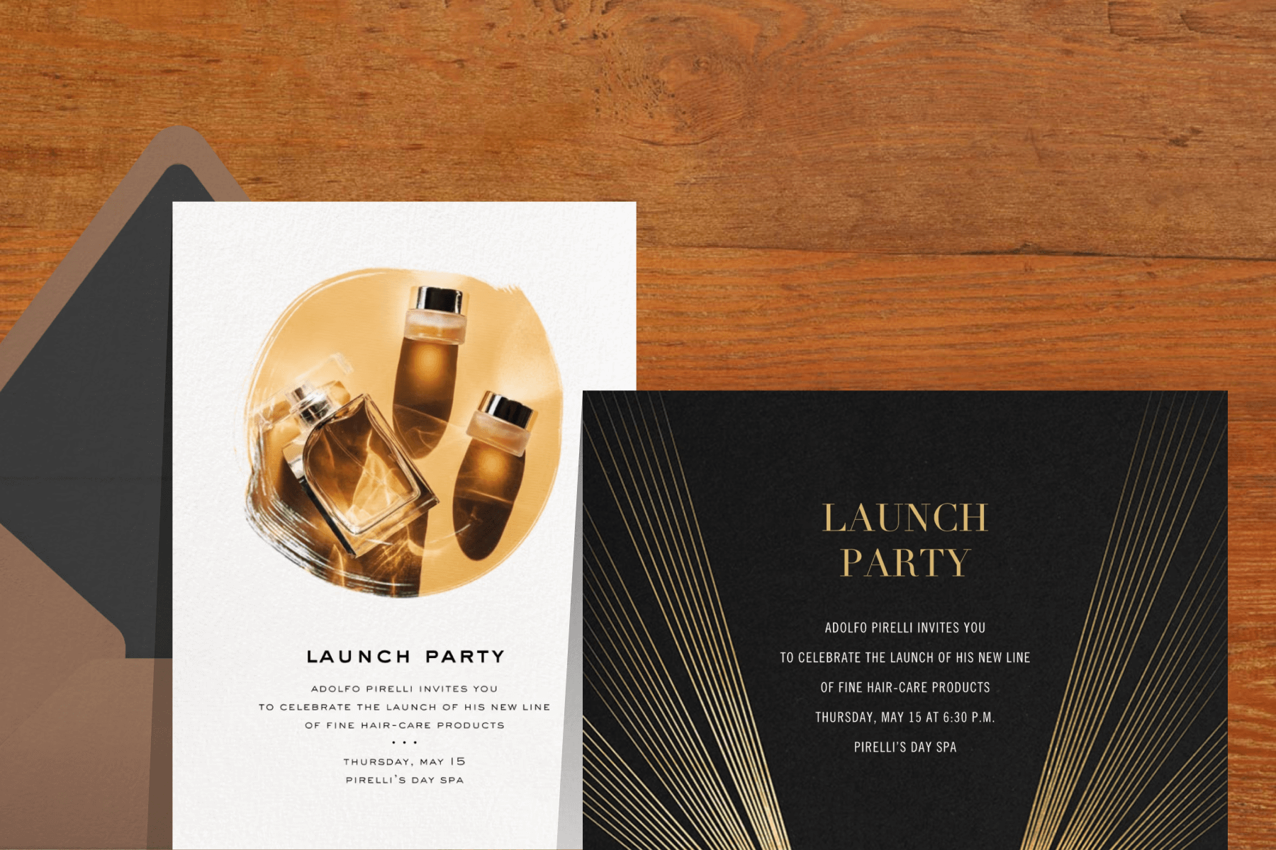 A launch party invitation with a photo of perfume and skincare products; A black and gold launch party invitation. 