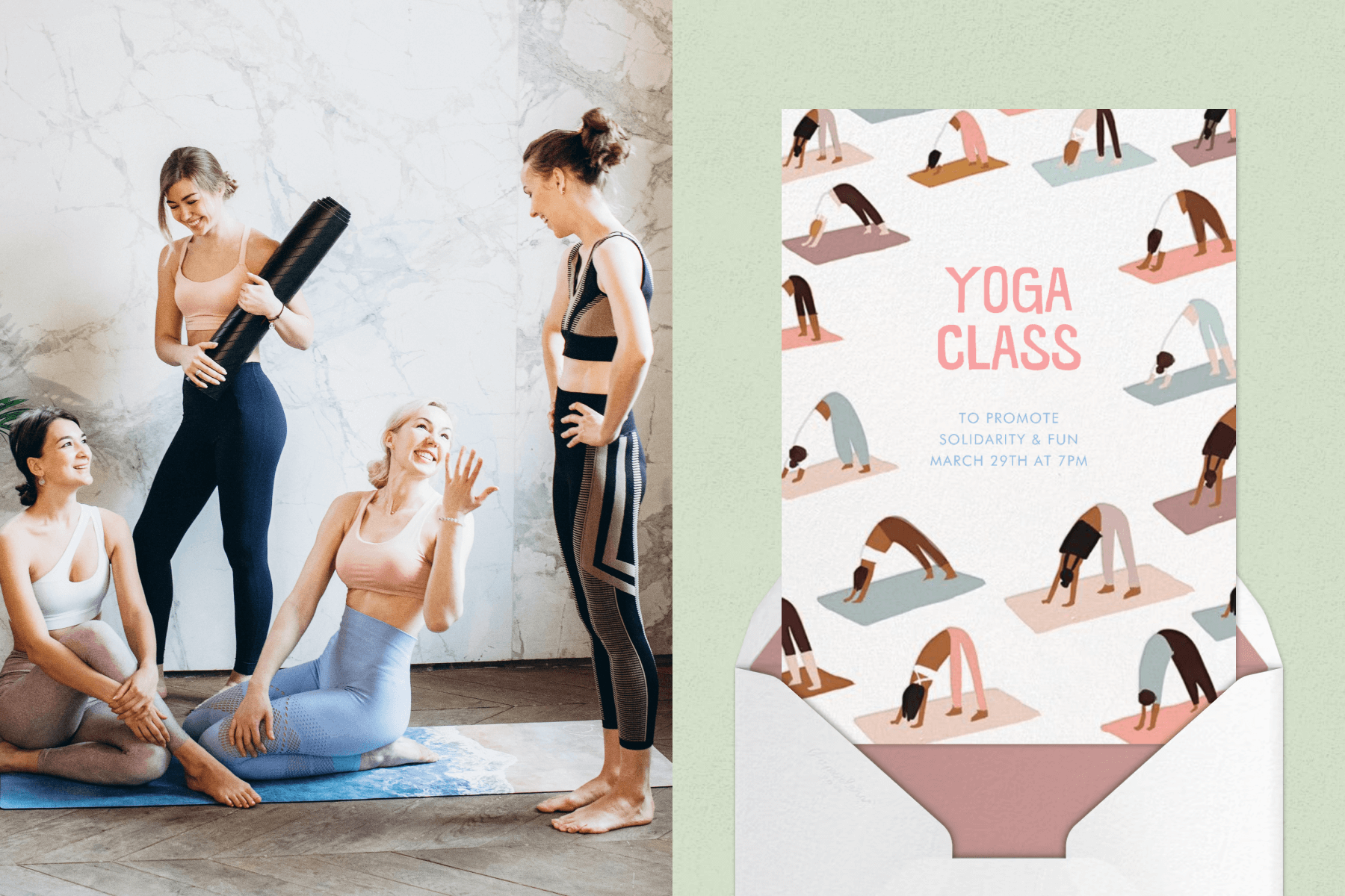 A group of women chatting among yoga mats and equipment; An invitation for a yoga class with graphics of people in a yoga pose. 