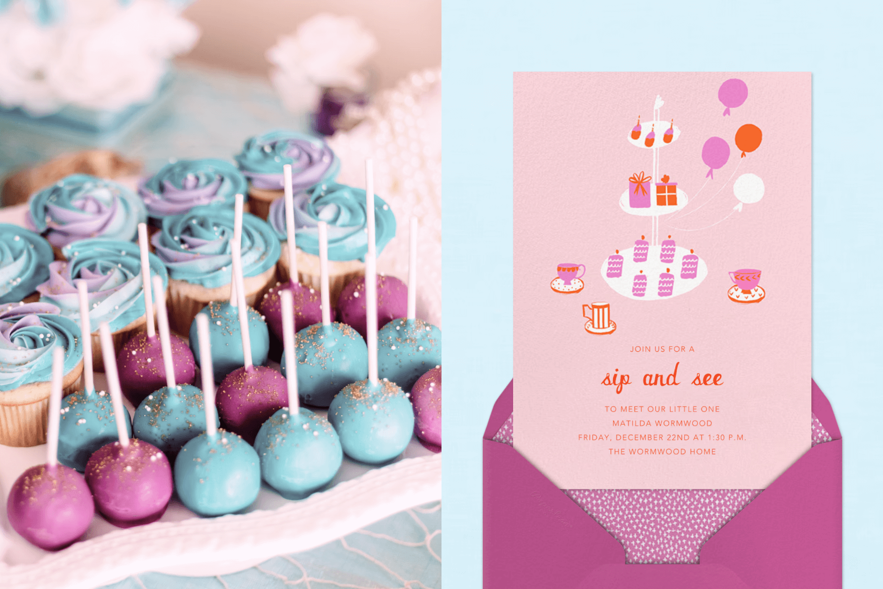 A pink sip and see invitation featuring illustrations of tea cups, balloons, presents, and treats on a tiered tea stand; A plate of blue and pink cake pops and frosted cupcakes. 