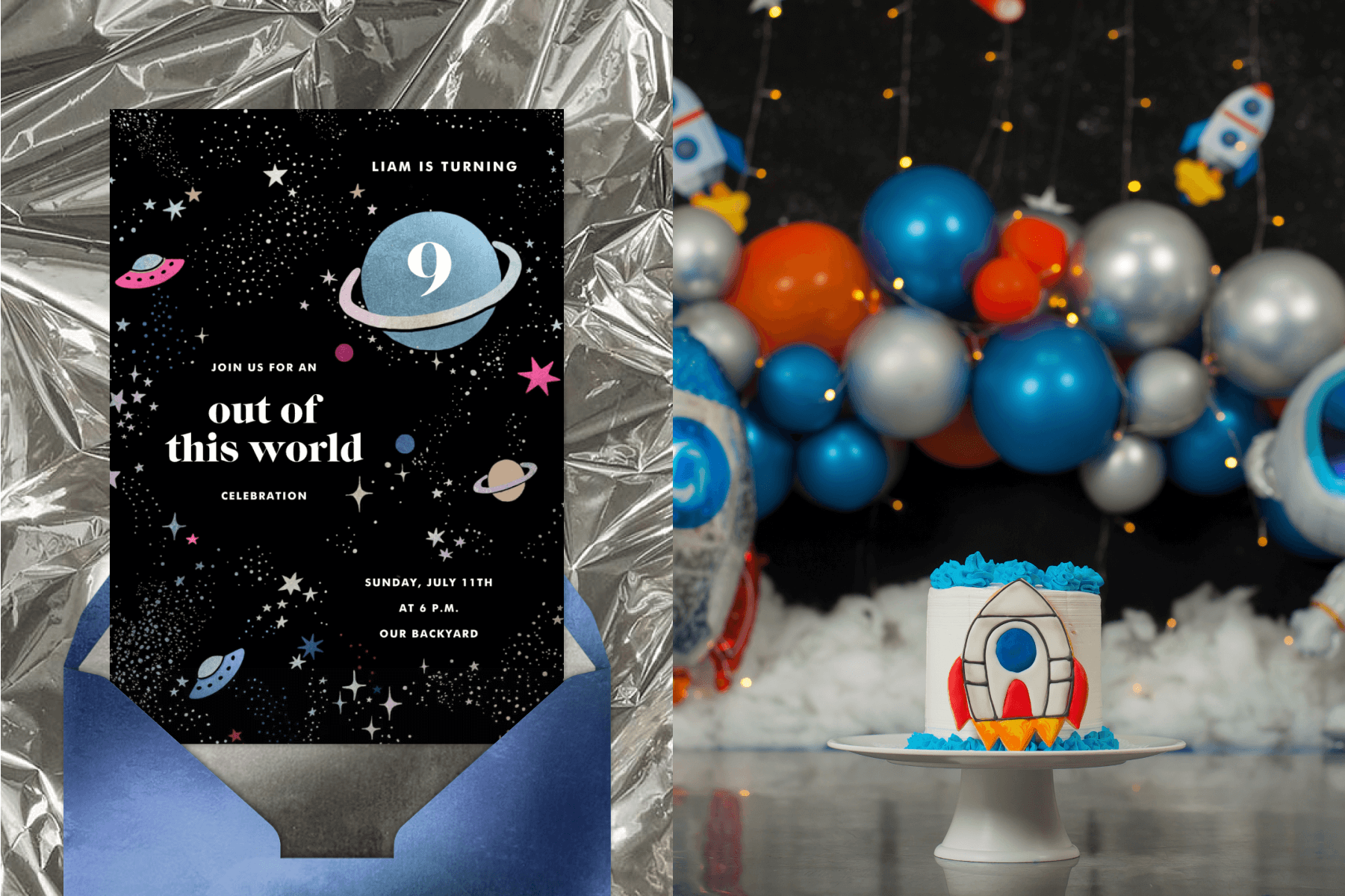 A black birthday invitation with white text, stars, planets, and UFOs; A birthday cake with a rocket ship surrounded by blue, orange, and silver balloons and rocket ship decorations.