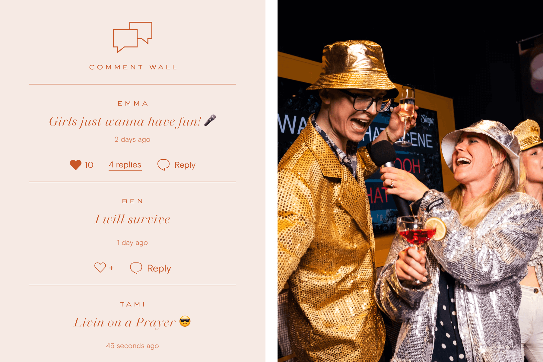 A Paperless Post Comment Wall with comments on an event page naming song titles for a karaoke night; A man and a woman dressed in sequin gold and silver blazers and gold and silver bucket hats hold drinks while singing into a microphone. 