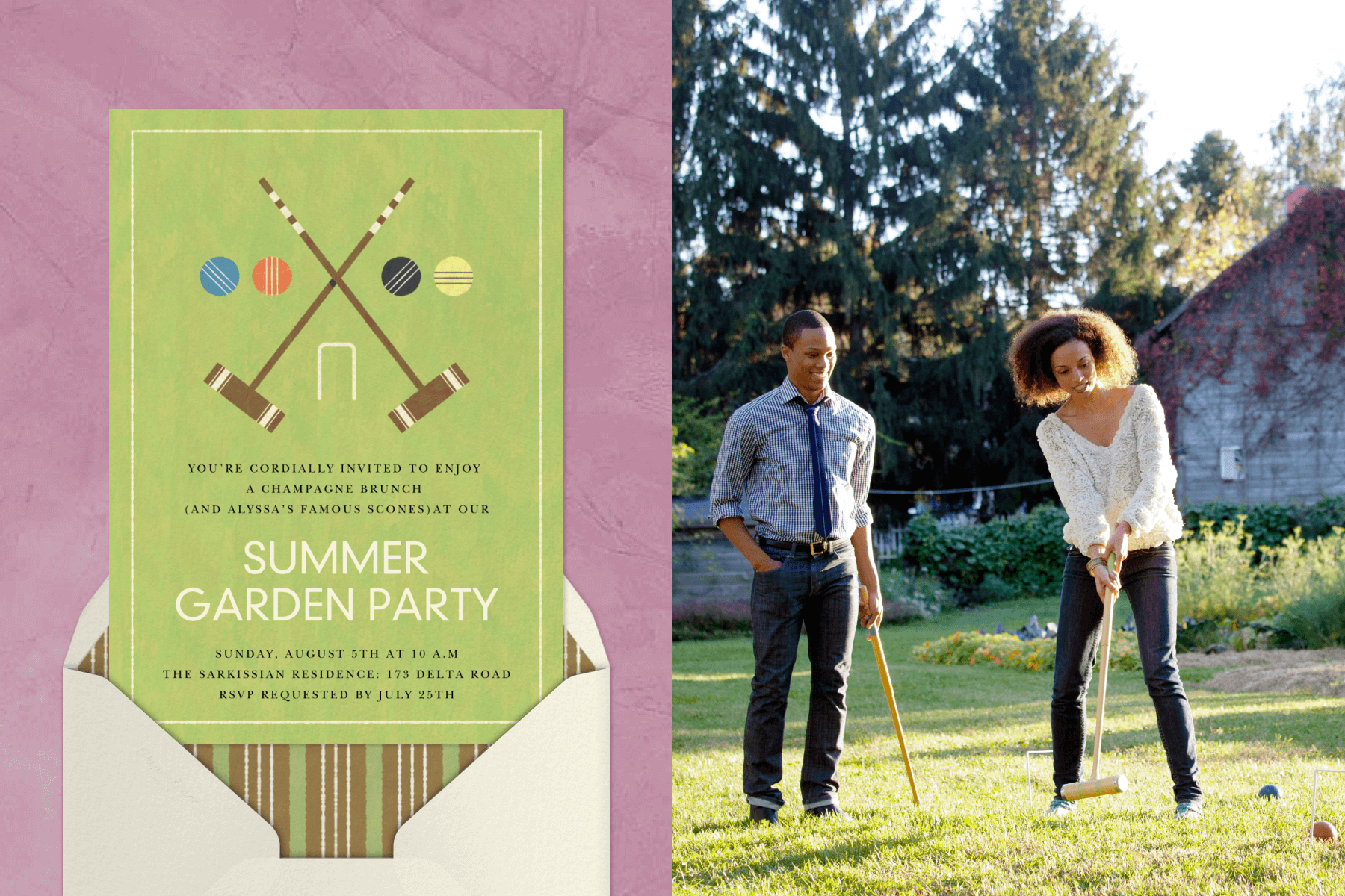 A summer garden party invitation with croquet mallets and balls; two people playing croquet in a yard.