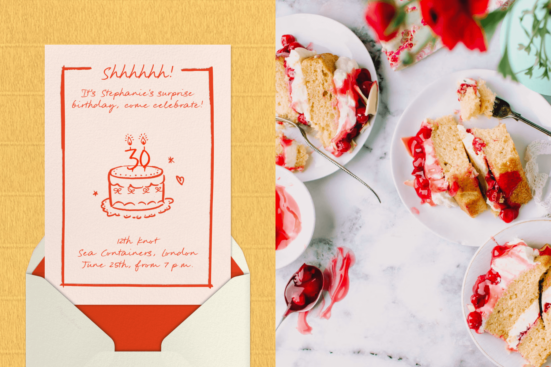A light pink invitation with a red doodle illustration of a cake with ‘30’ candles on top and a red border; slices of cherry layer cake on dessert plates with forks.
