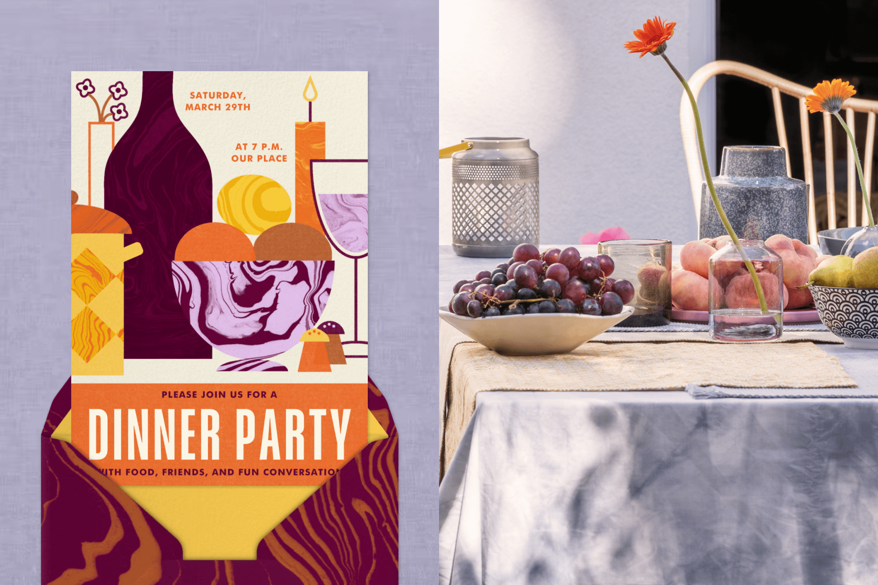 A dinner party invitation with marbled illustrations of wine, candles, and bowls; A table set with a bowl of grapes, various fruits, and flowers in vases. 