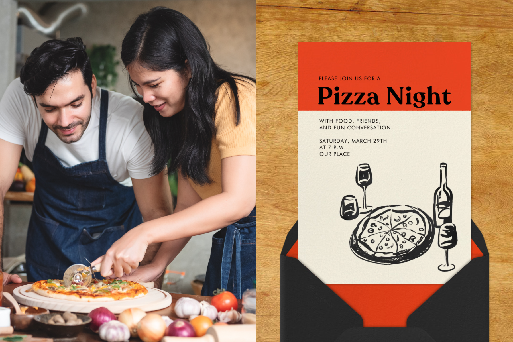 A man and a woman slicing a homemade pizza together; A pizza night invitation with a red border and illustrations of wine and pizza. 