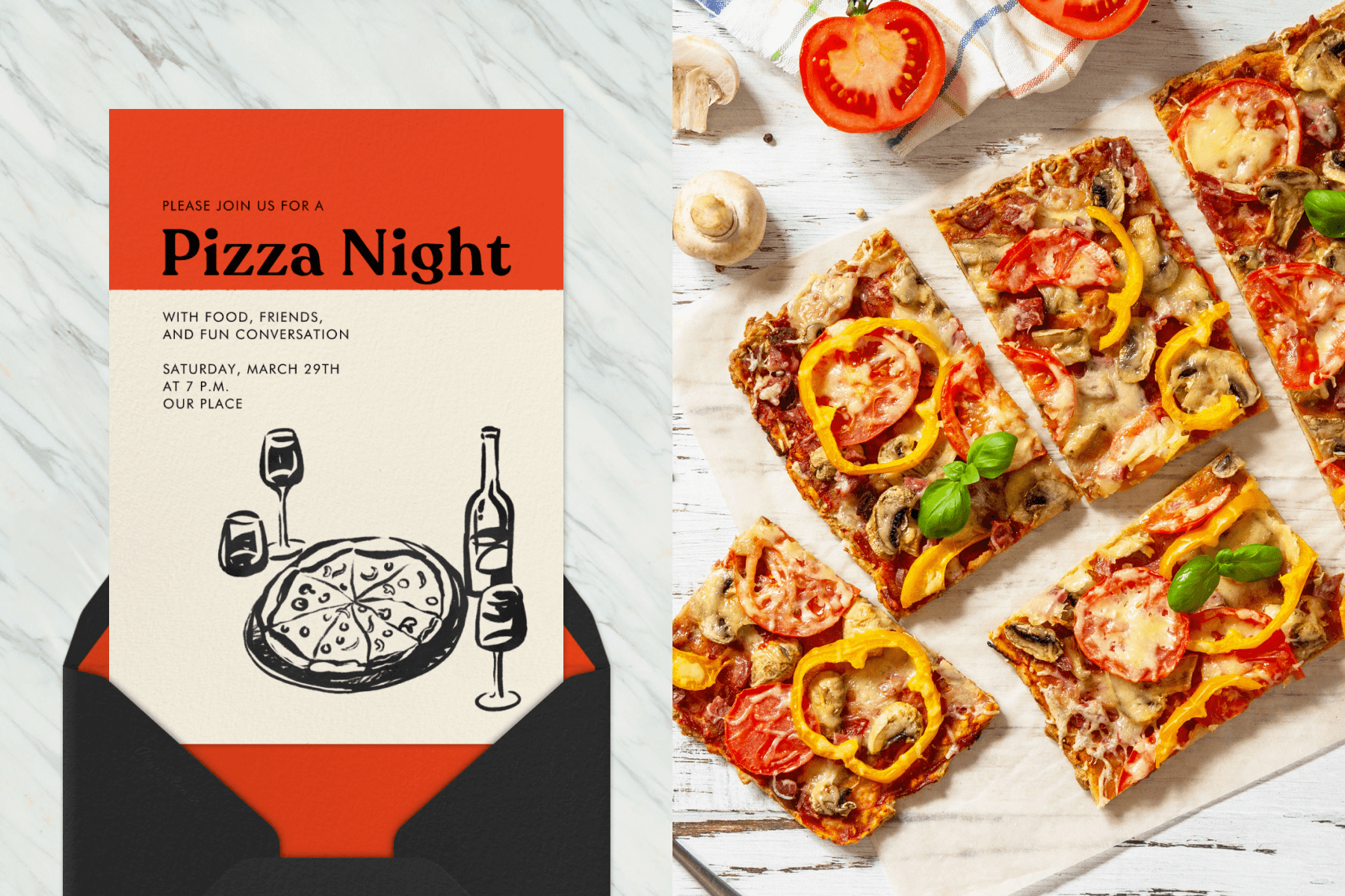 An invitation for PIZZA NIGHT with a bright red-orange stripe at the top and an illustration of a pizza and wine; rectangular pizza slices with peppers, tomatoes, and mushrooms.