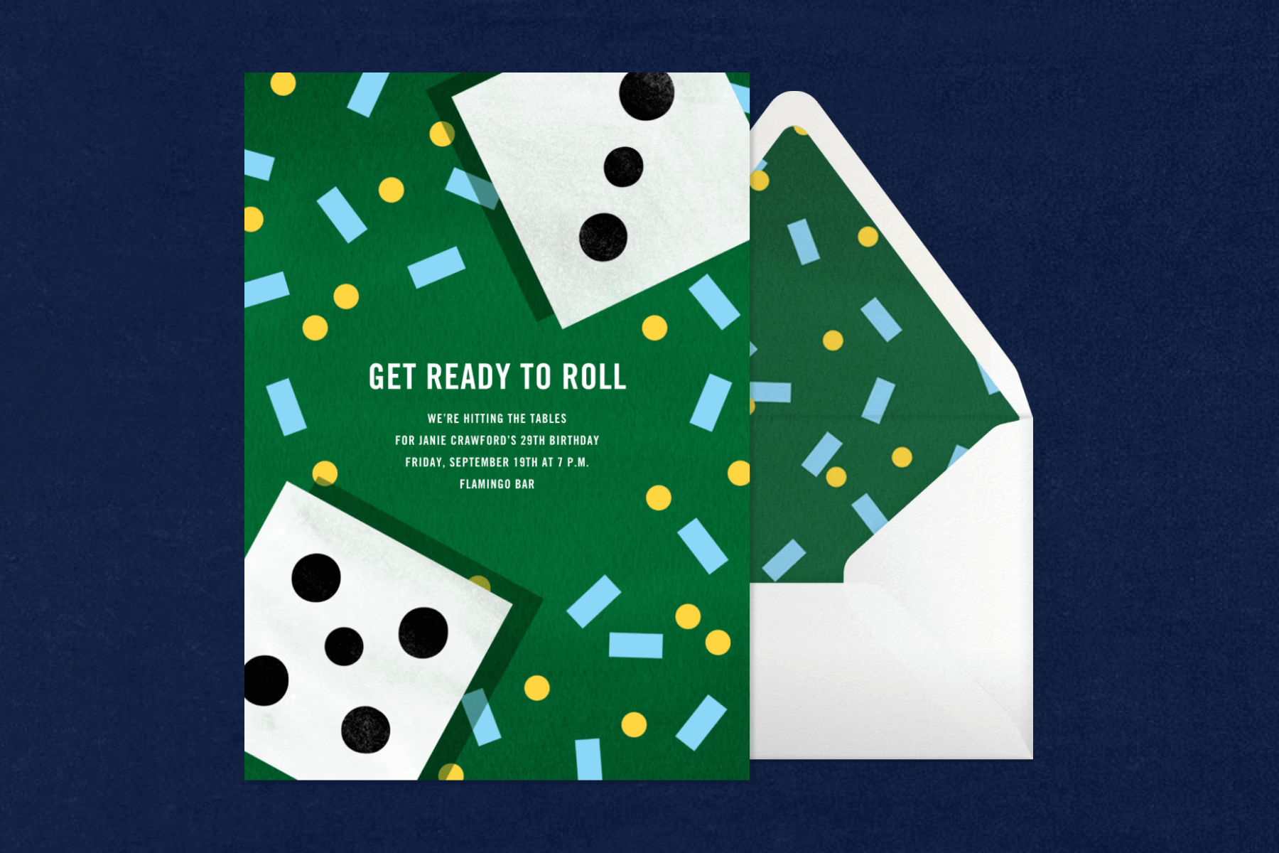 A green invitation for a game night with graphics of dice and blue and yellow confetti.