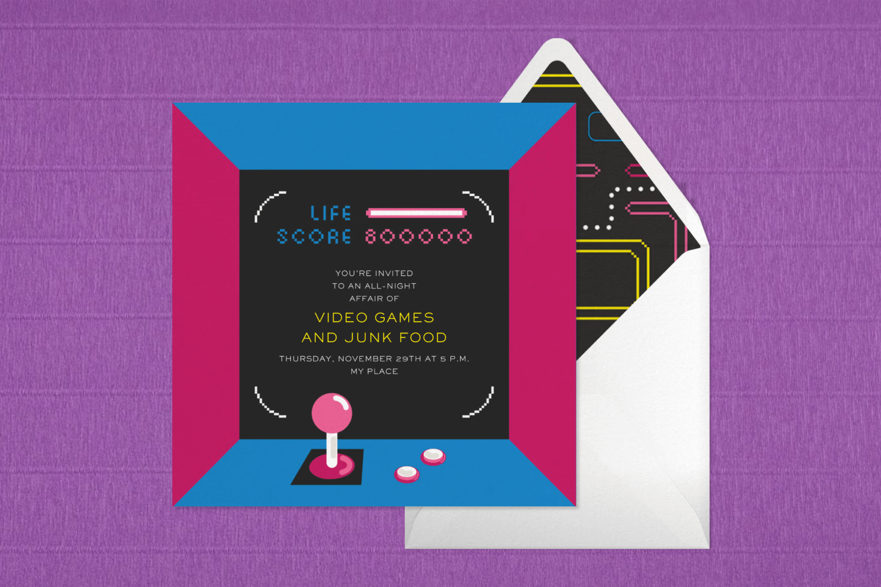 A black invitation with a pink and blue border designed to look like an arcade game console with a joystick and buttons.