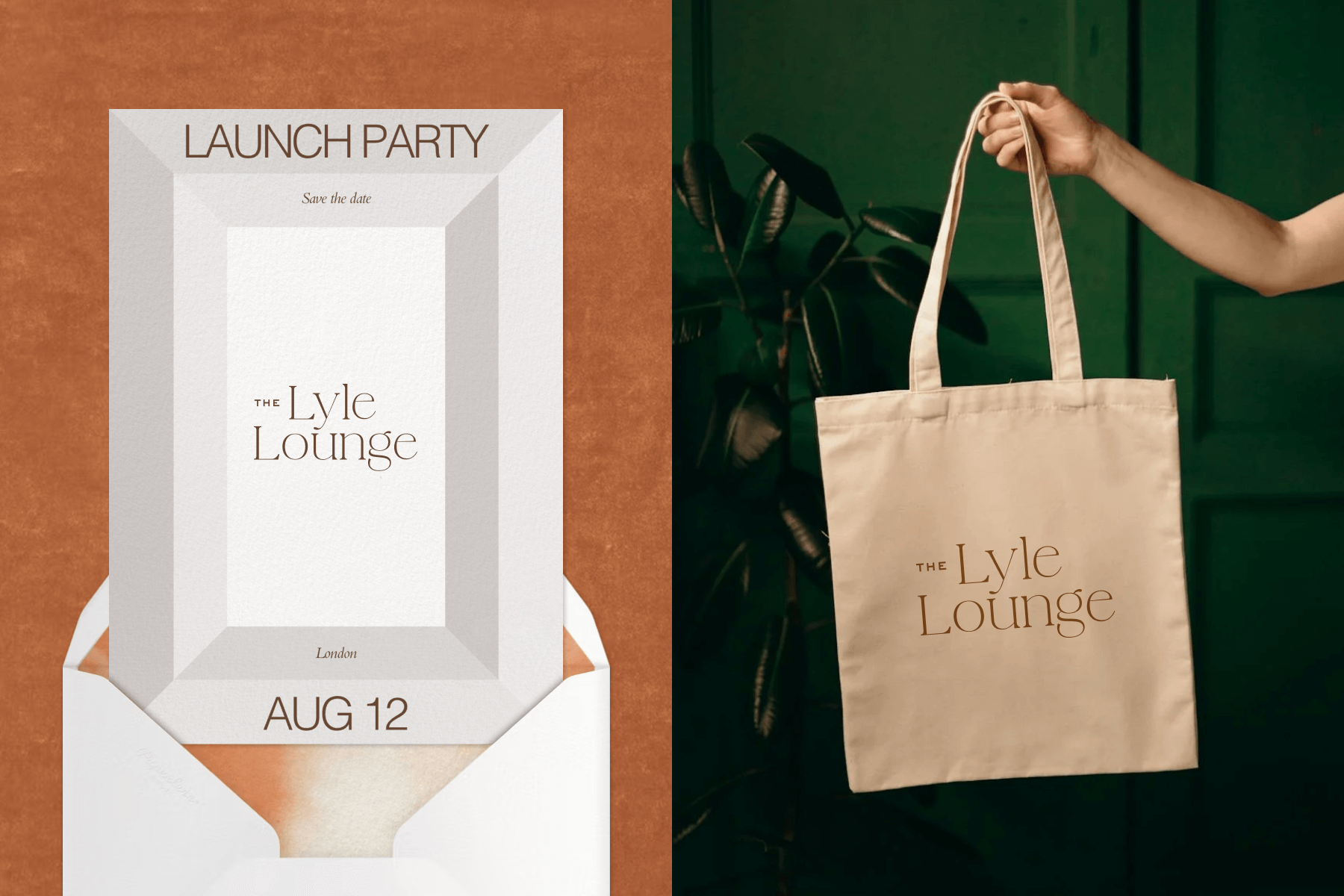 A white launch party invitation with a geometric frame and business logo; A hand holding a canvas tote bag with a matching logo. 