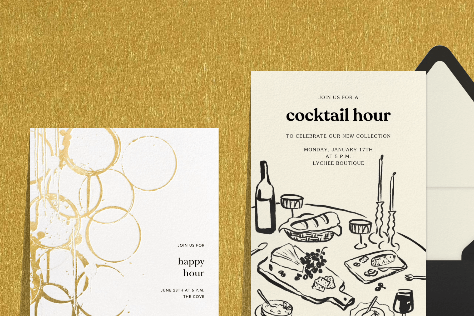 Two invitations over a gold background: A white happy hour invitation with gold circles, and an off-white cocktail hour invitation with black illustrations of a table set with wine, cheese, bread, and candles. 