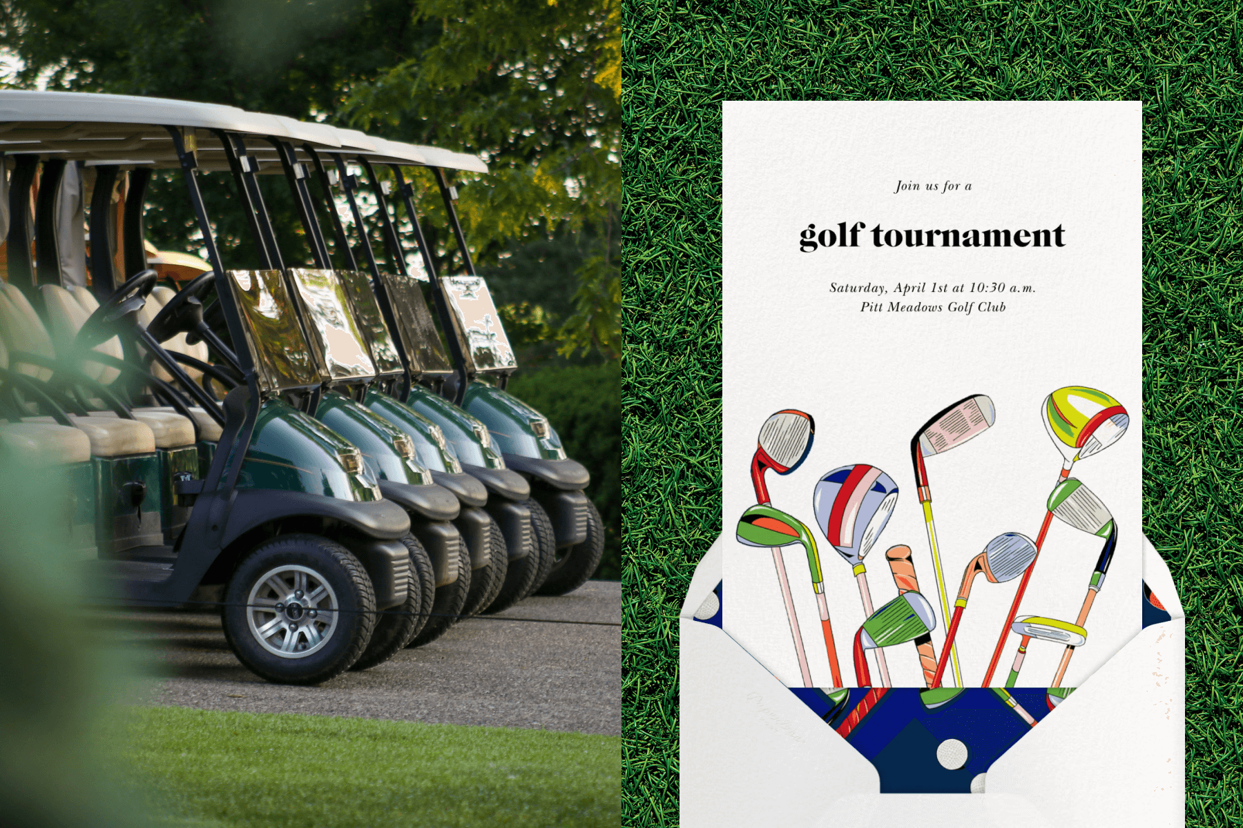 A row of empty golf carts; A golf tournament invitation with illustrations of golf clubs. 