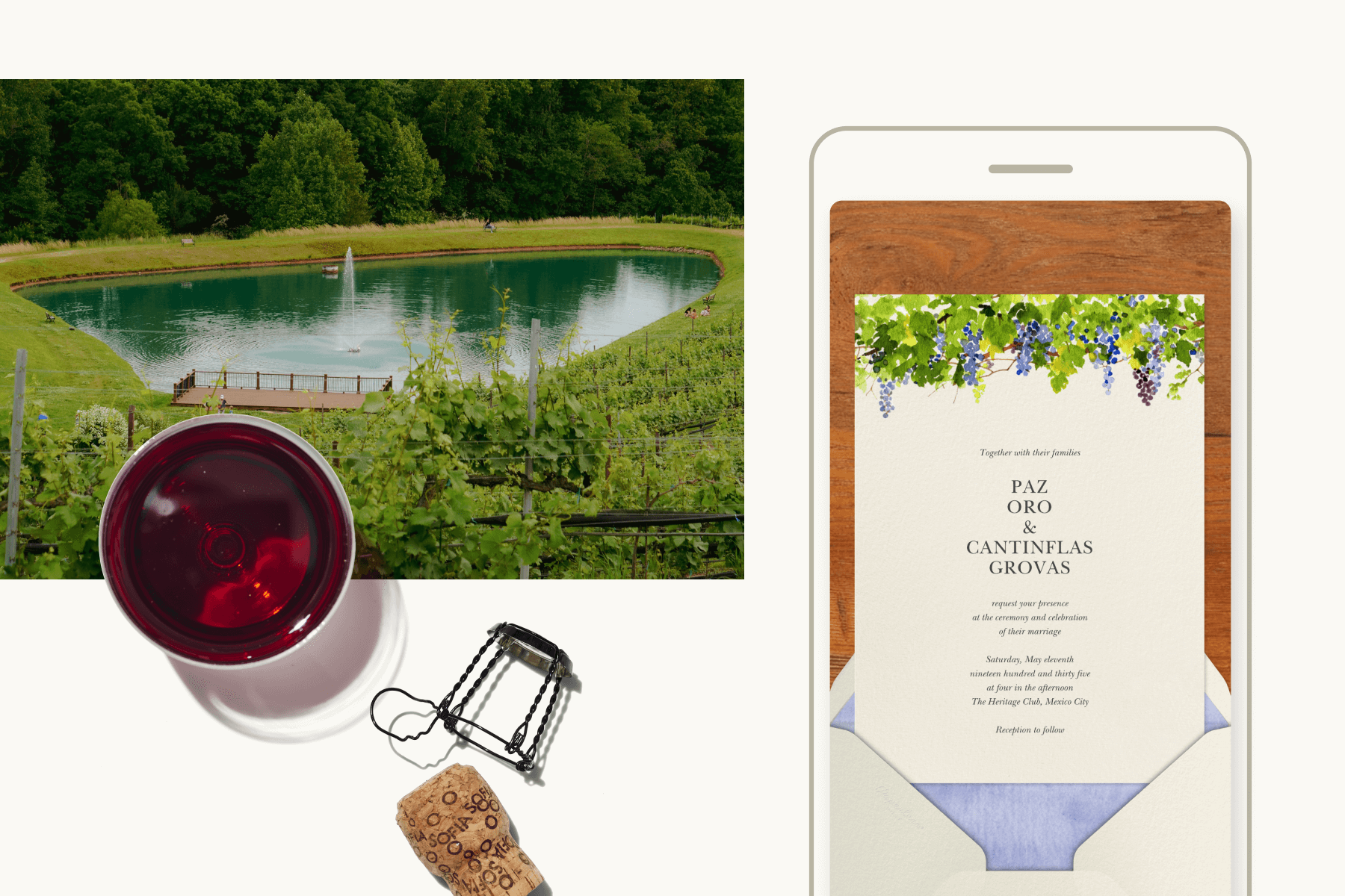 A lake with a glass of red wine and a wine cork; A wedding invitation with a border of grapes on a vine. 