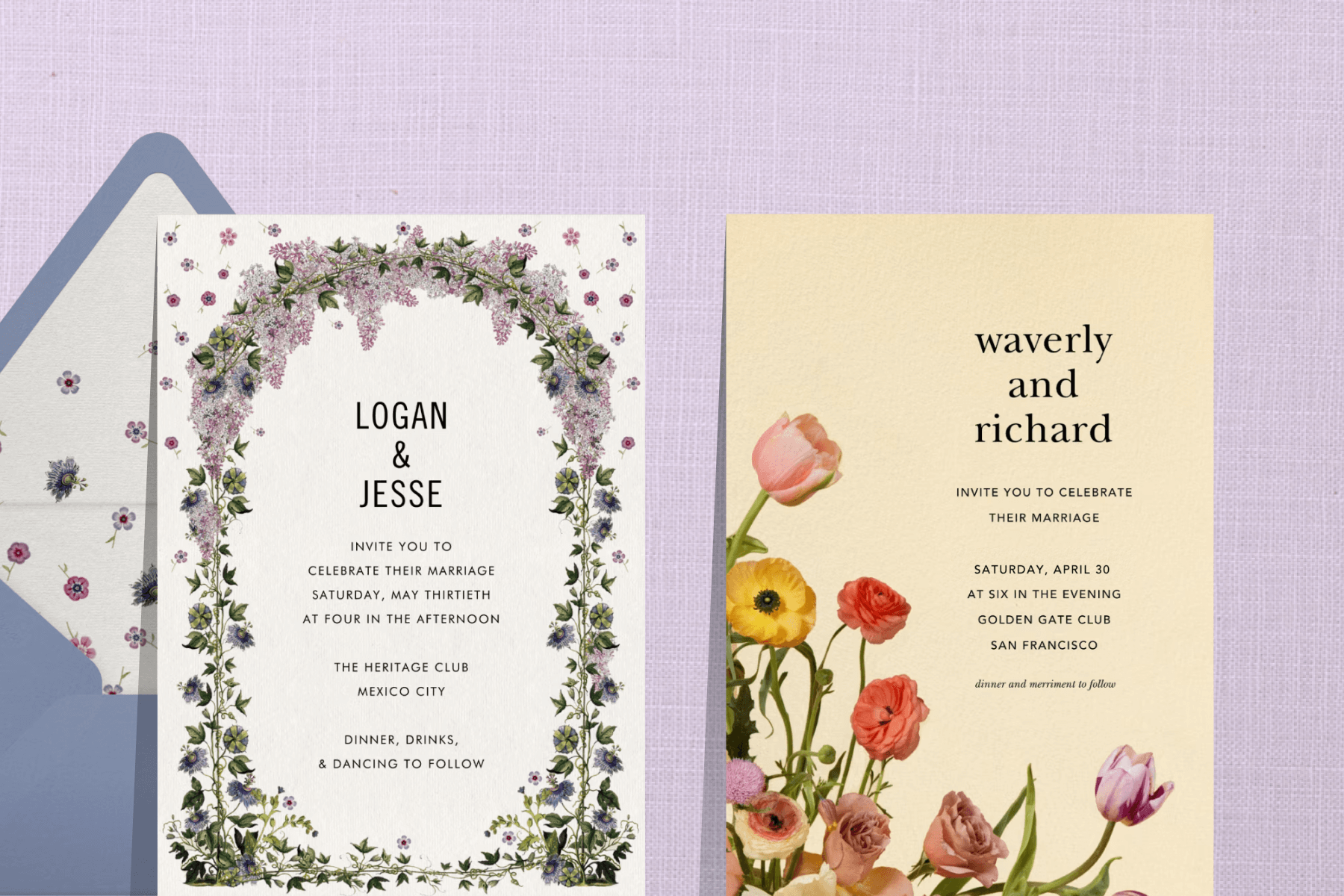 A white wedding invitation with a bordering frame of blue and purple florals; A beige wedding invitation with bright colorful florals blooming from the bottom left corner. 