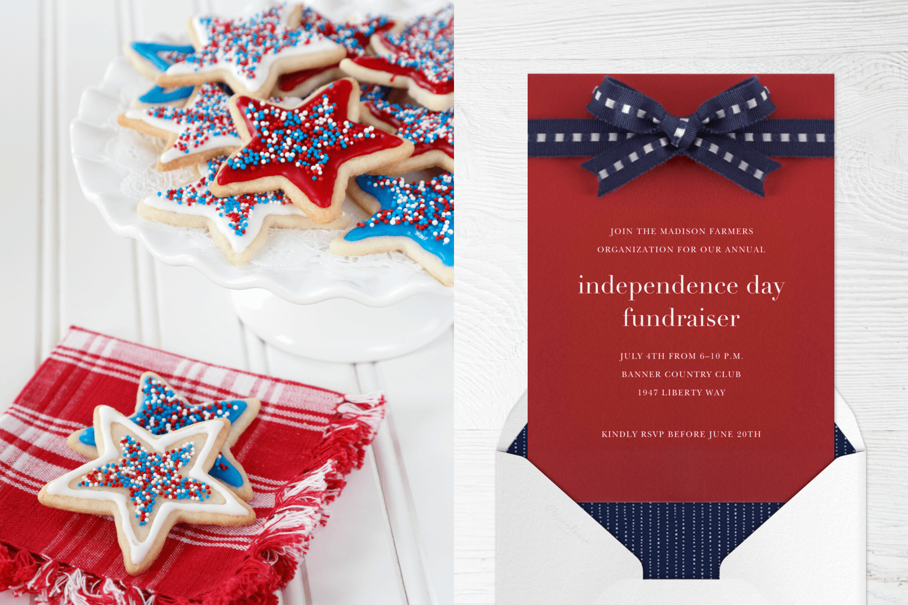 Star-shaped sugar cookies with red, white, and blue frosting and sprinkles; a red invitation with a 3-d navy and white ribbon bow on top.