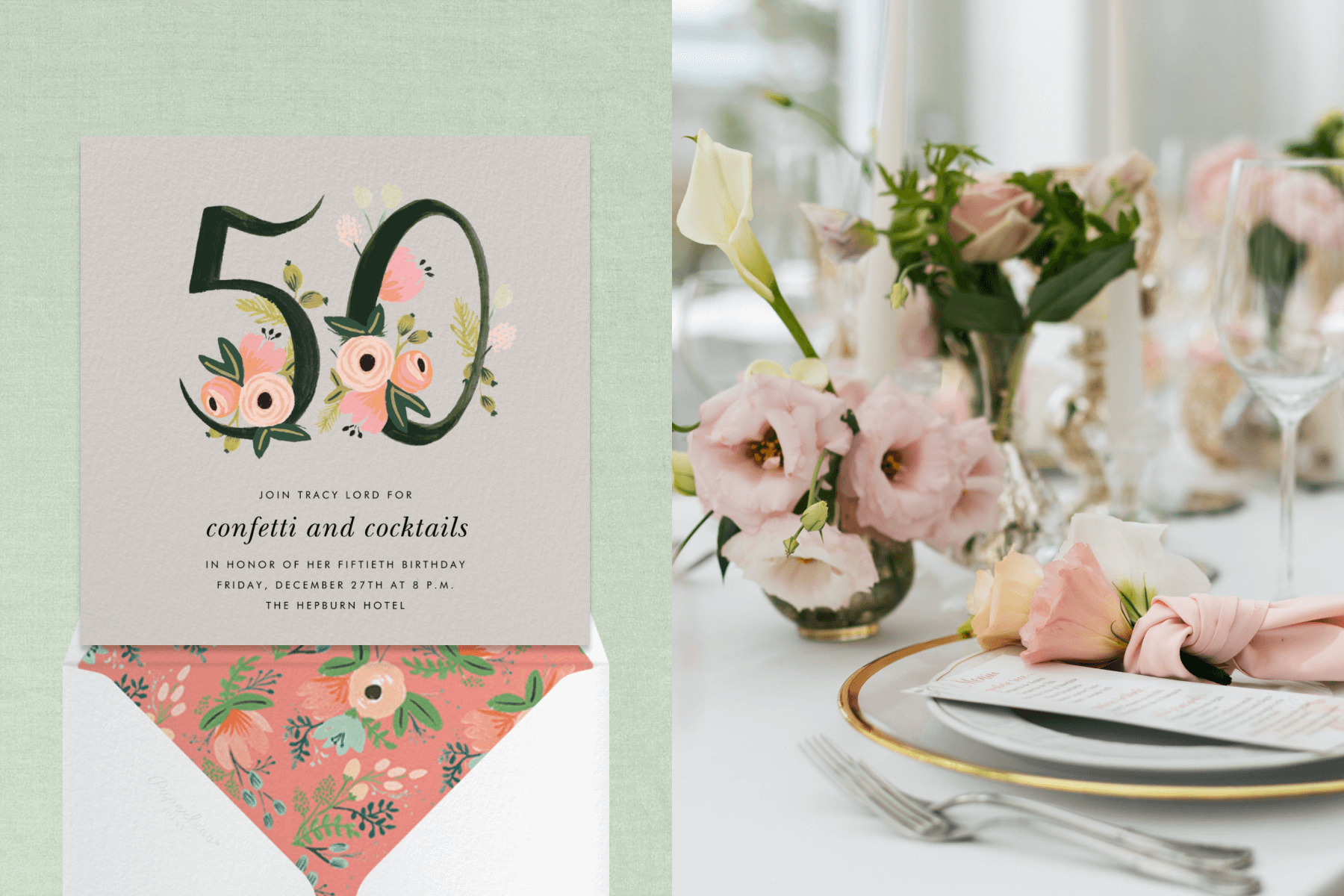 A floral-themed 50th birthday invitation; a table set with a white tablecloth, a gold-rimmed plate, and pink and white flower centerpieces.