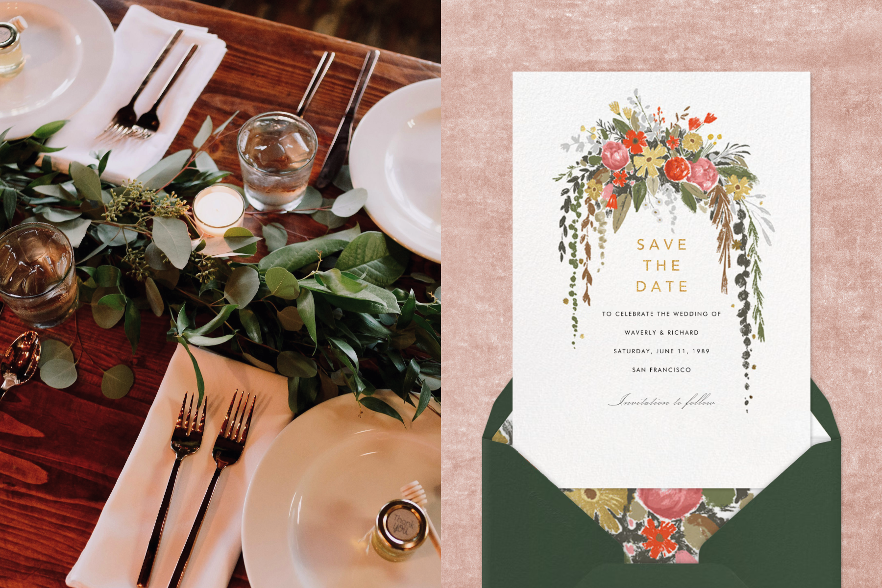 A wood table set with plates, silverware, and greenery; A save the date with a colorful hanging floral arch. 