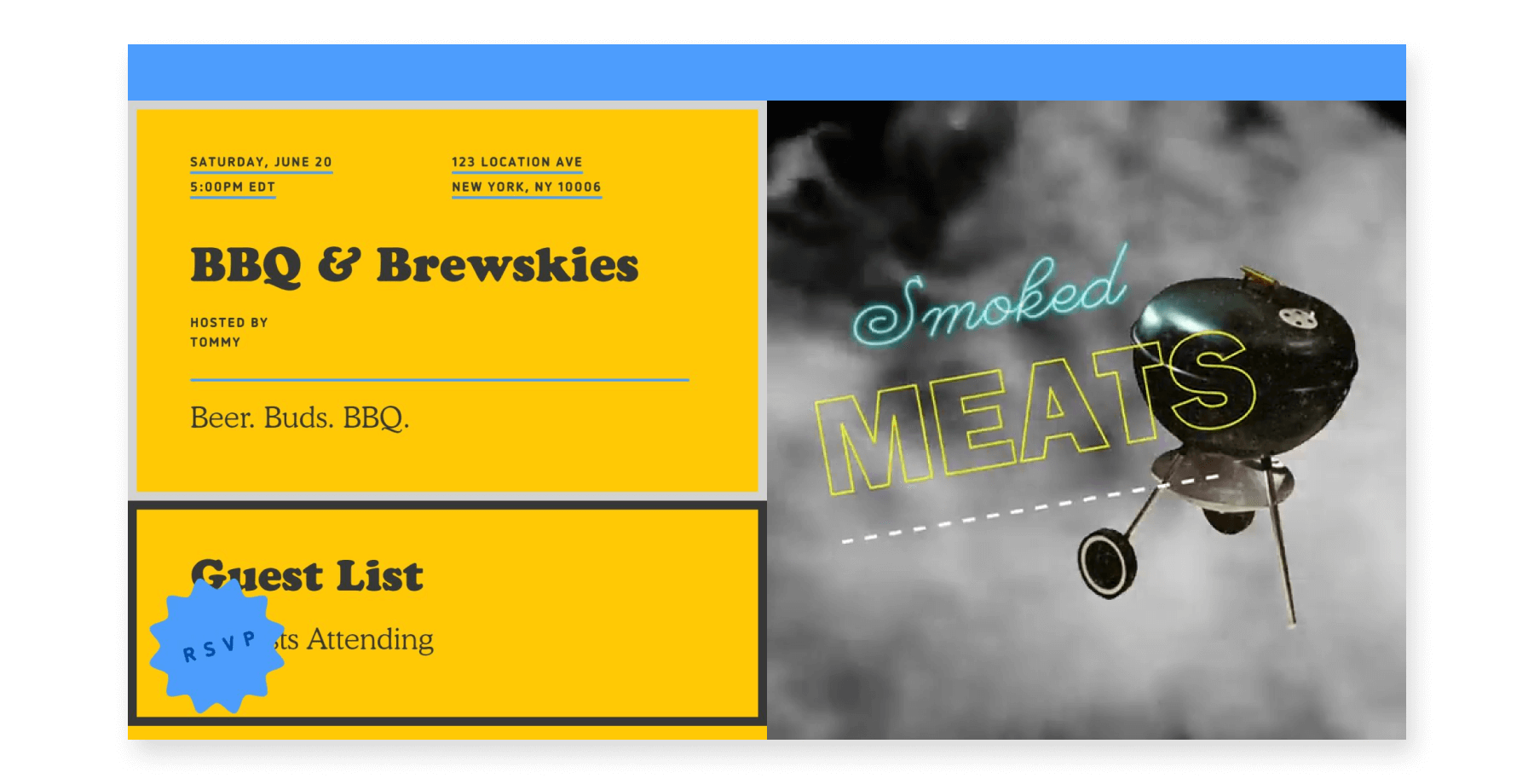 An animated invite with smoke blowing at a grill and the words “Smoked Meats” animating on top.