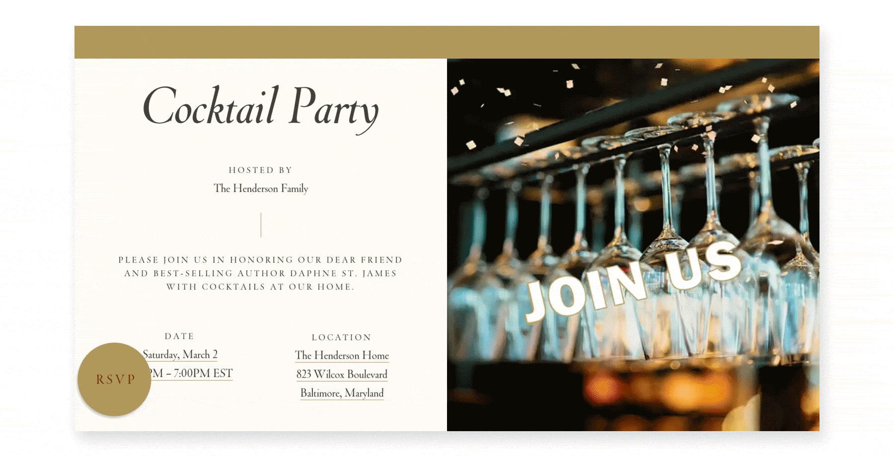 An online invite for a cocktail party with hanging stemware and an animation of falling confetti and the words JOIN US.