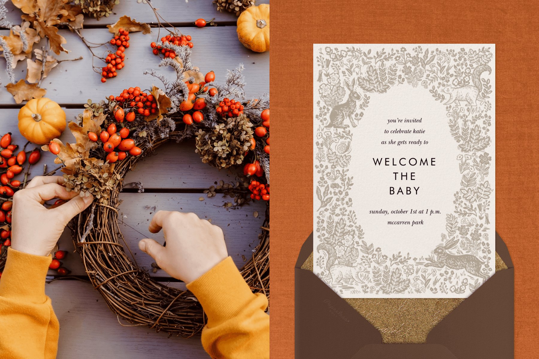 A pair of hands making a wreath out of twigs and berries; A baby shower invitation with a border of flowers, rabbits, and squirrels.