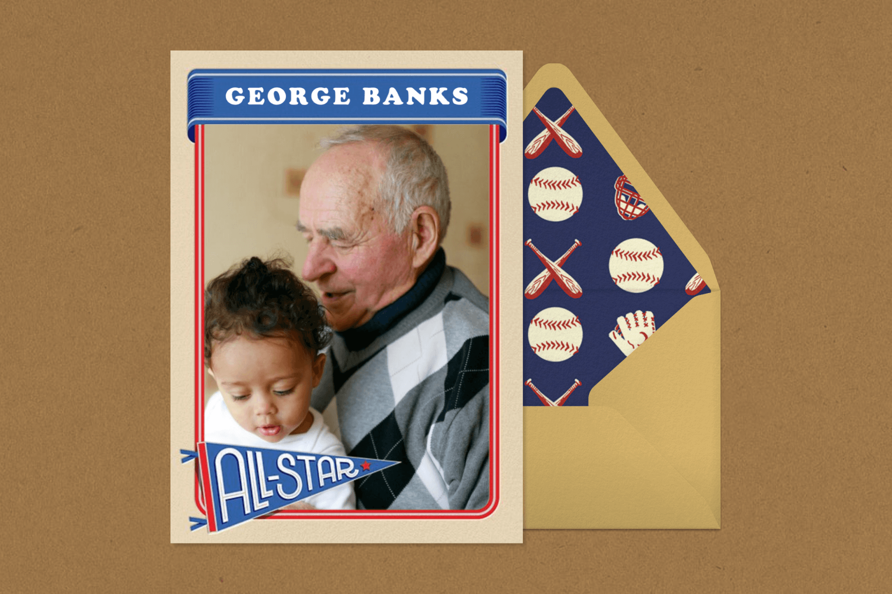 A card that resembles a baseball card with a photo of a grandfather and toddler and an ‘all-star’ pendant and a gold envelope with baseball motif lining.