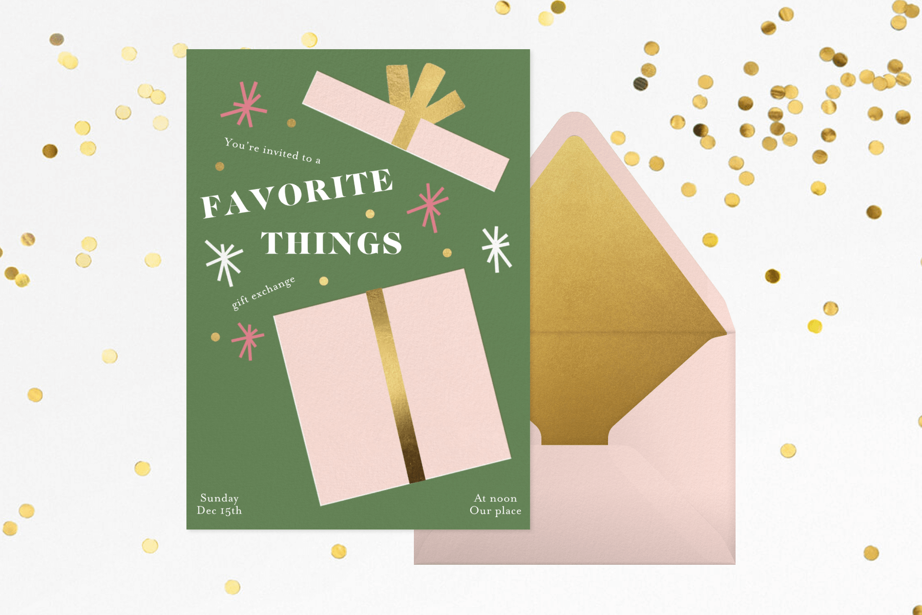 A green gift exchange invitation featuring a pink present being opened in front of a pink envelope, over a white backdrop with gold confetti.