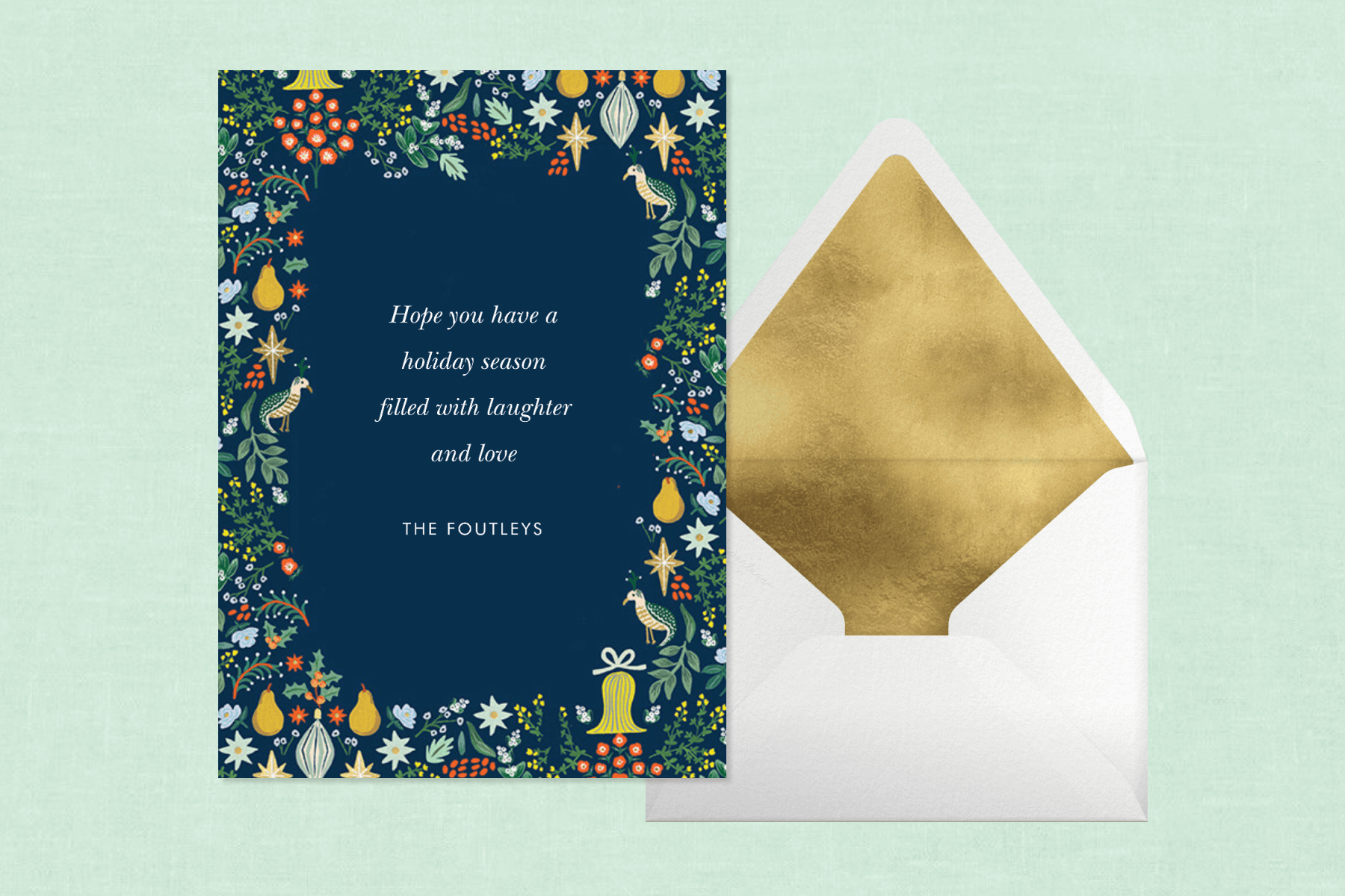 Navy card with colorful borders of flowers, stars, pears, partridges and bells on a mint background