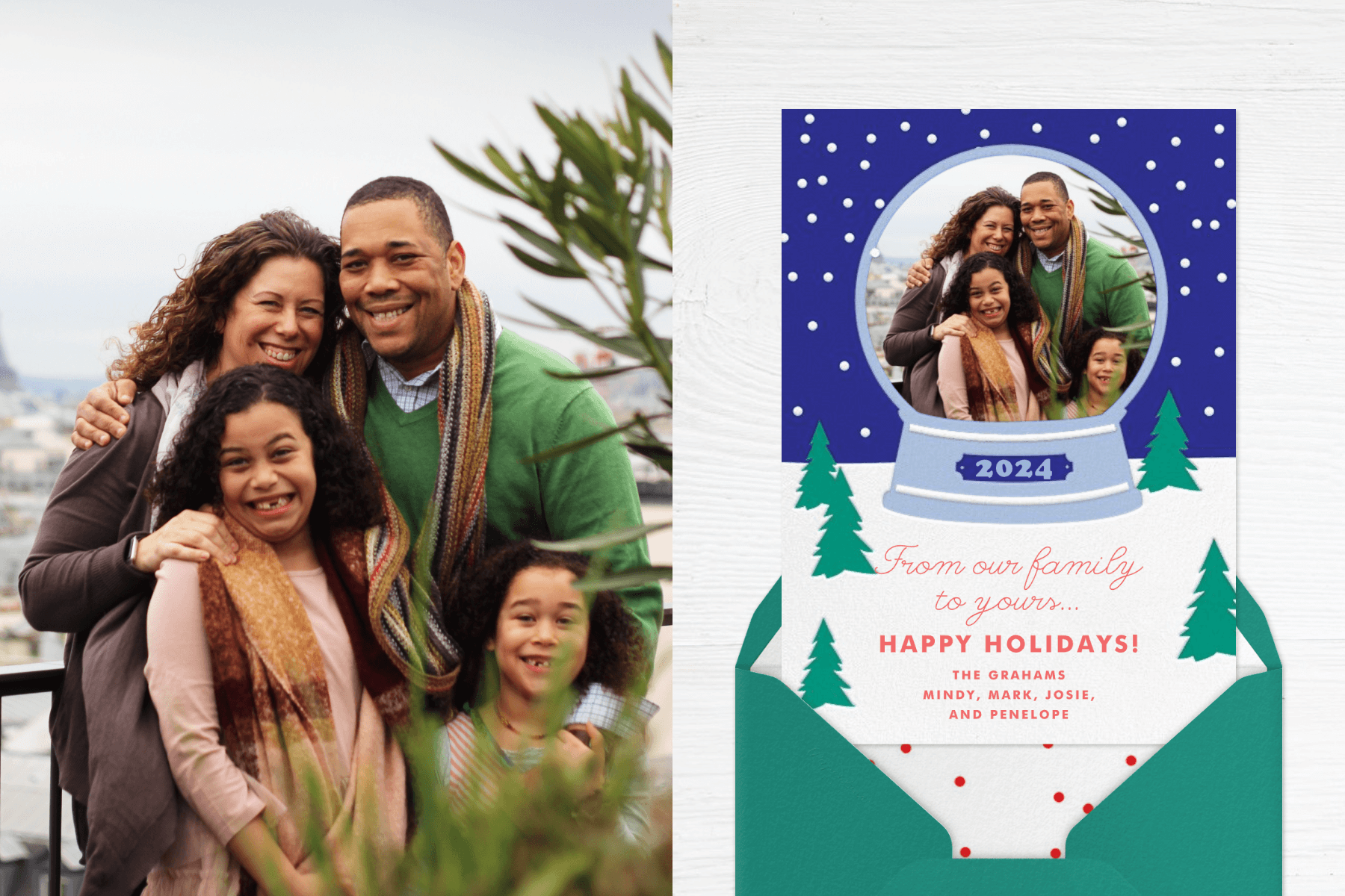 A family photo; the same family photo on a holiday card where the photo is inside of a snow globe. 