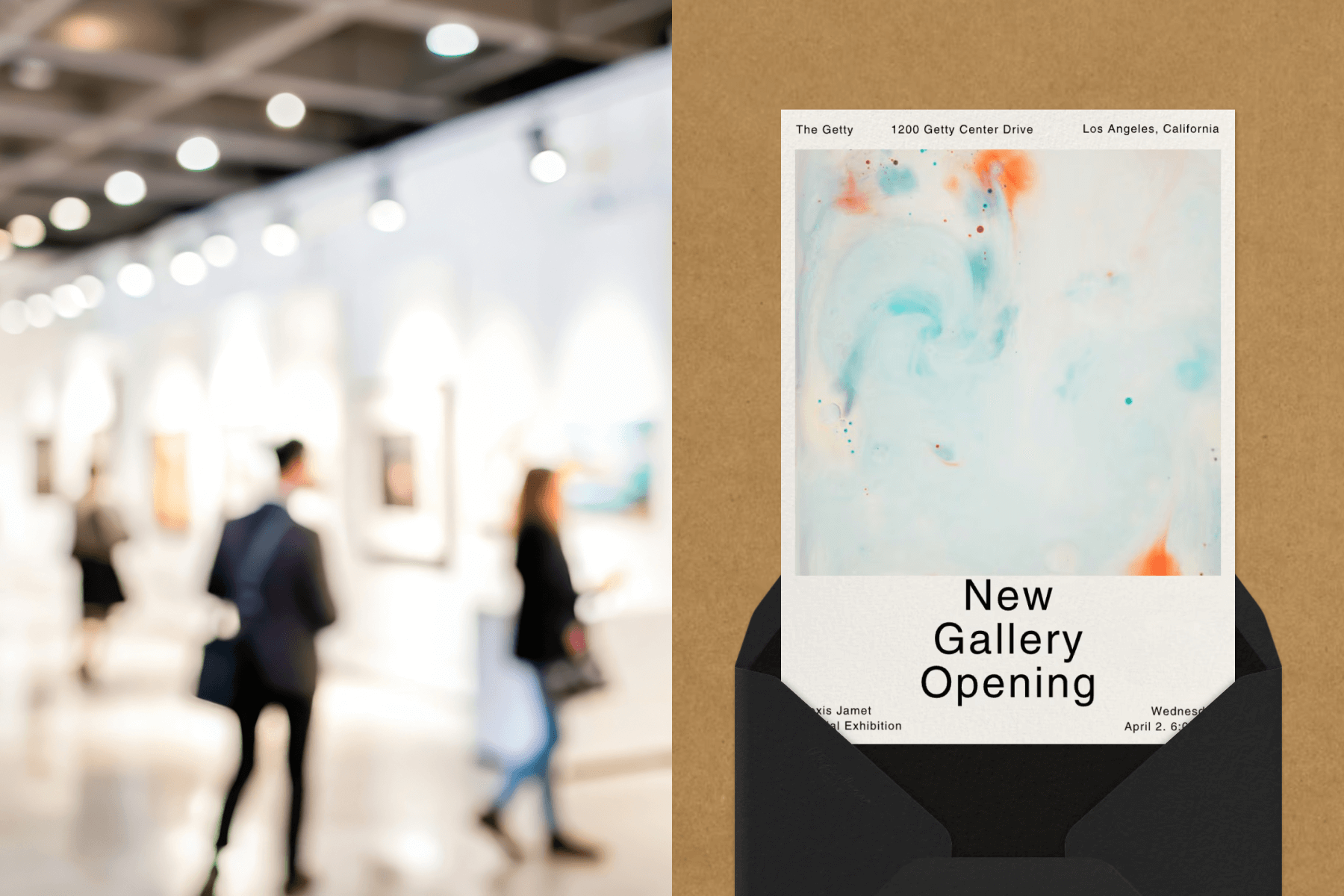 An out-of-focus photograph of people looking at art at an exhibit; An invitation for a new gallery opening with a photo of blue and orange modern art. 